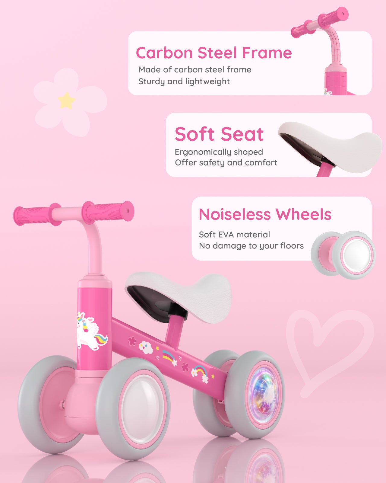 Lilian&Gema Colorful Lighting Baby Balance Bike for 1 Year Old Boys Girls, 12-24 Months Toddler Balance Bike, No Pedal 4 Wheels Toddler Bike with Soft Seat, Toddler First Bike, 1st Birthday Gifts