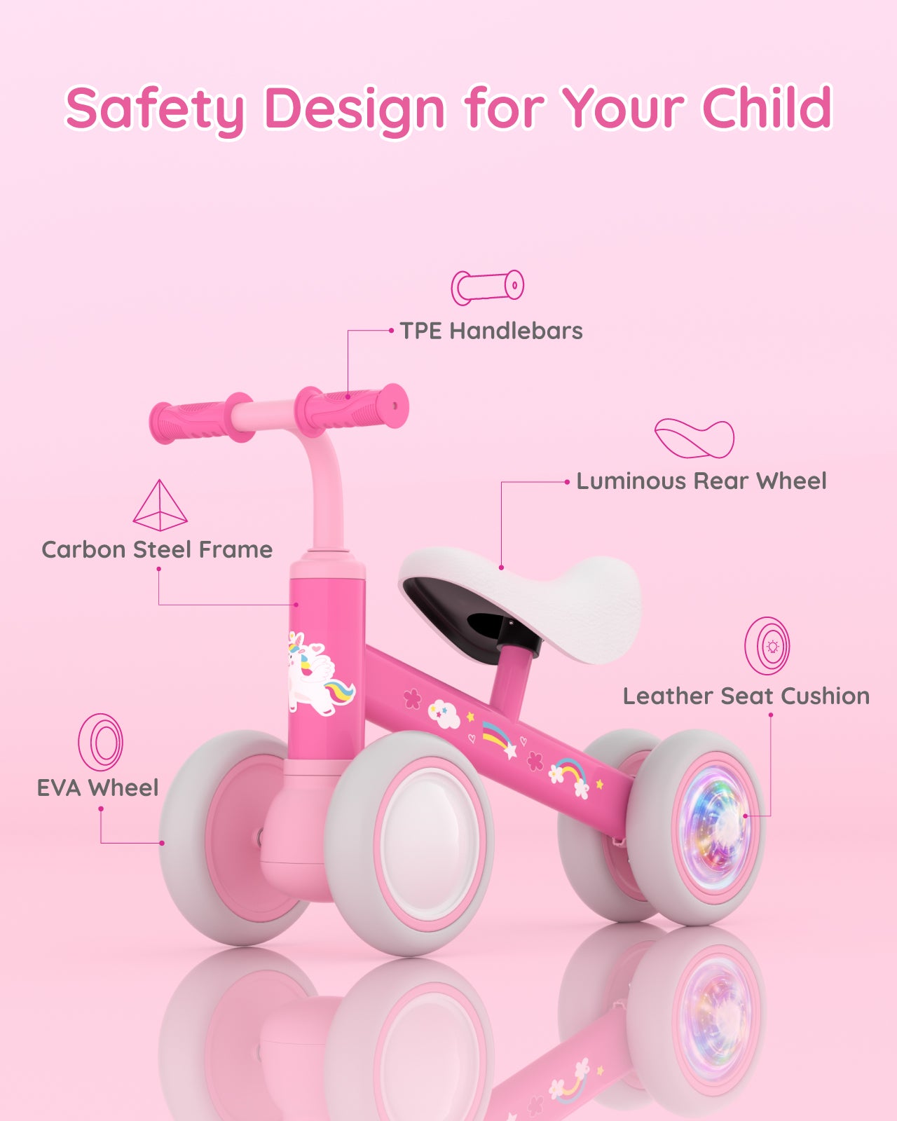 Lilian&Gema Colorful Lighting Baby Balance Bike for 1 Year Old Boys Girls, 12-24 Months Toddler Balance Bike, No Pedal 4 Wheels Toddler Bike with Soft Seat, Toddler First Bike, 1st Birthday Gifts