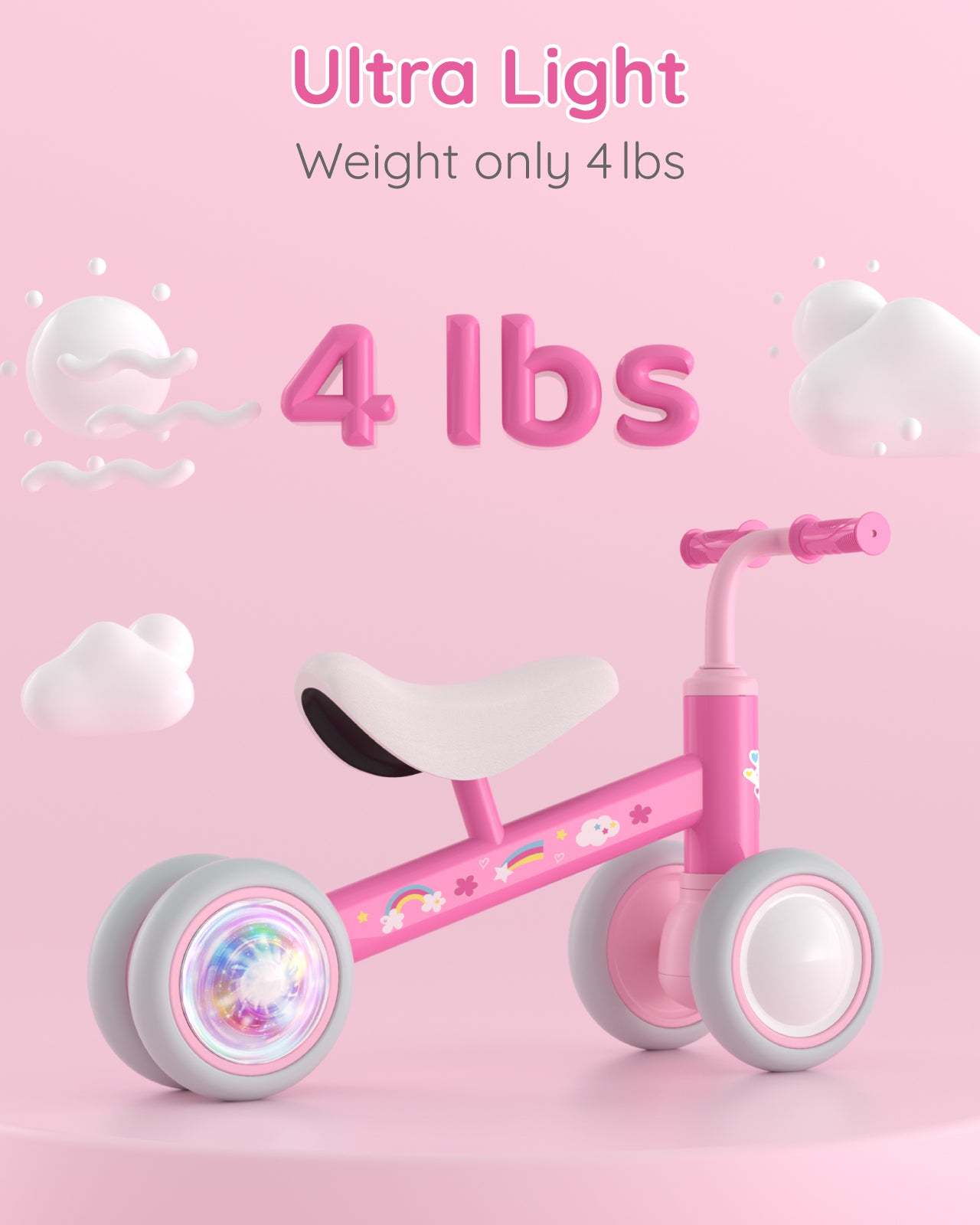 Lilian&Gema Colorful Lighting Baby Balance Bike for 1 Year Old Boys Girls, 12-24 Months Toddler Balance Bike, No Pedal 4 Wheels Toddler Bike with Soft Seat, Toddler First Bike, 1st Birthday Gifts