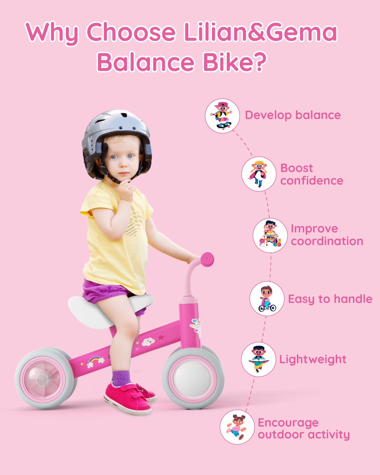 Lilian&Gema Colorful Lighting Baby Balance Bike for 1 Year Old Boys Girls, 12-24 Months Toddler Balance Bike, No Pedal 4 Wheels Toddler Bike with Soft Seat, Toddler First Bike, 1st Birthday Gifts