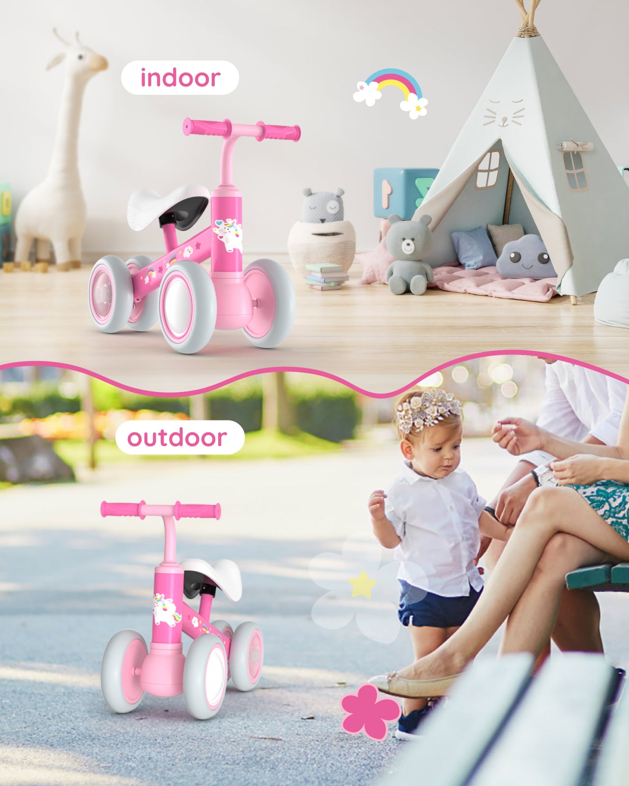 Lilian&Gema Colorful Lighting Baby Balance Bike for 1 Year Old Boys Girls, 12-24 Months Toddler Balance Bike, No Pedal 4 Wheels Toddler Bike with Soft Seat, Toddler First Bike, 1st Birthday Gifts