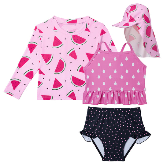 Lilian & Gema 4-Piece Baby Toddler Girl Swimsuit Set - Tankini & Rash Guard Girls Bathing Suit with UPF 50+ Sun Protection, Watermelon, 2T