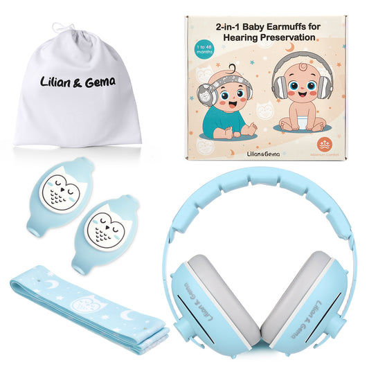 Lilian&Gema 2-in-1 Baby Ear Muffs Noise Protection, Adjustable Baby Headphones with Band, Owls Noise Cancelling Headphones for Baby & Toddler up to 4 Years, Baby Airplane Essentials/Outdoor, Blue
