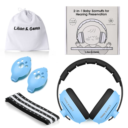 Lilian&Gema 2-in-1 Baby Ear Muffs Noise Protection, Adjustable Baby Headphones with Stretchy Band, Noise Cancelling Headphones for Baby & Toddler up to 4 Years, Baby Airplane Essentials/Outdoor, Black