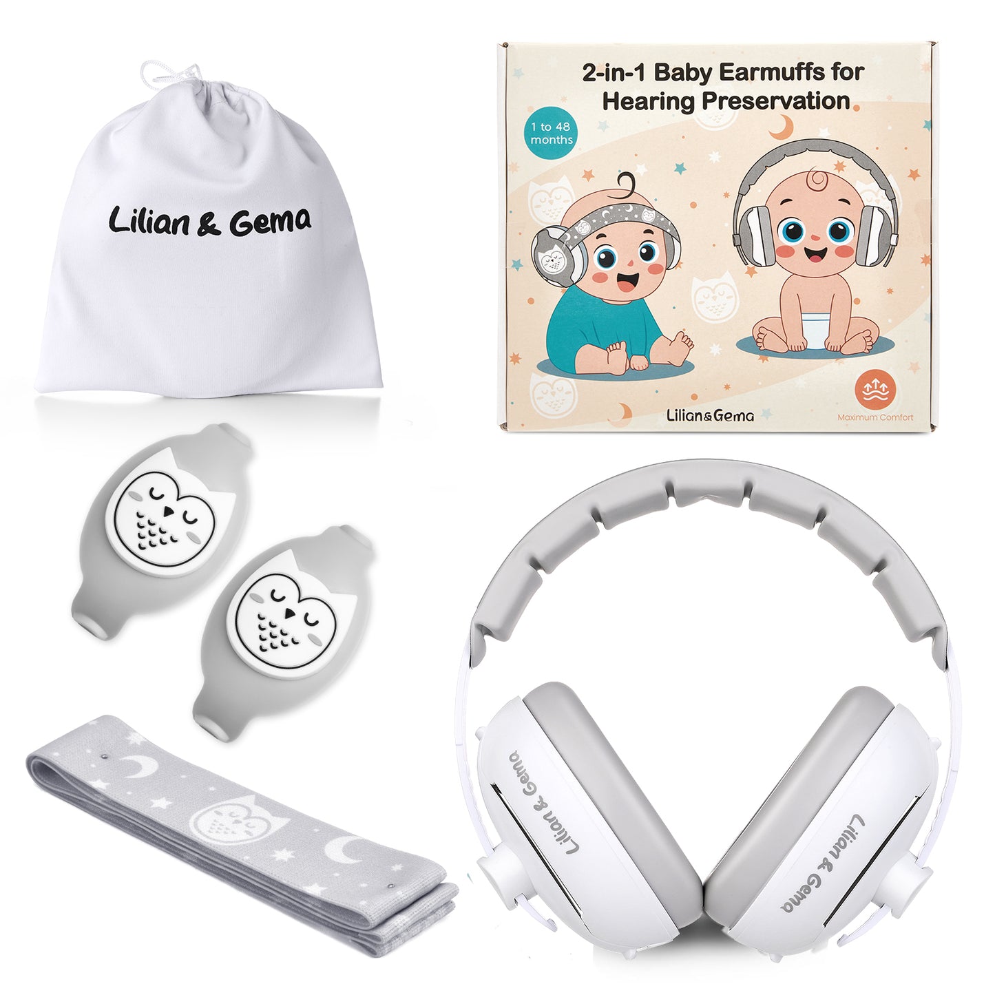 Lilian&Gema 2-in-1 Baby Ear Muffs Noise Protection, Adjustable Baby Headphones with Band, Owls Noise Cancelling Headphones for Baby & Toddler up to 4 Years, Baby Airplane Essentials/Outdoor, White