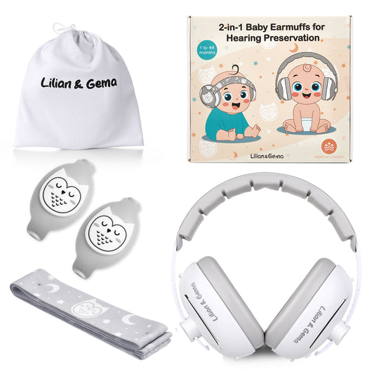 Lilian&Gema 2-in-1 Baby Ear Muffs Noise Protection, Adjustable Baby Headphones with Band, Owls Noise Cancelling Headphones for Baby & Toddler up to 4 Years, Baby Airplane Essentials/Outdoor, White