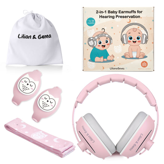 Lilian&Gema 2-in-1 Baby Ear Muffs Noise Protection, Adjustable Baby Headphones with Band, Owls Noise Cancelling Headphones for Baby & Toddler up to 4 Years, Baby Airplane Essentials/Outdoor, Pink