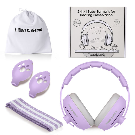 Lilian&Gema 2-in-1 Baby Ear Muffs Noise Protection, Adjustable Baby Headphones with Stretchy Band, Noise Cancelling Headphones for Baby & Toddler up to 4 Years, Baby Airplane Essentials, Purple