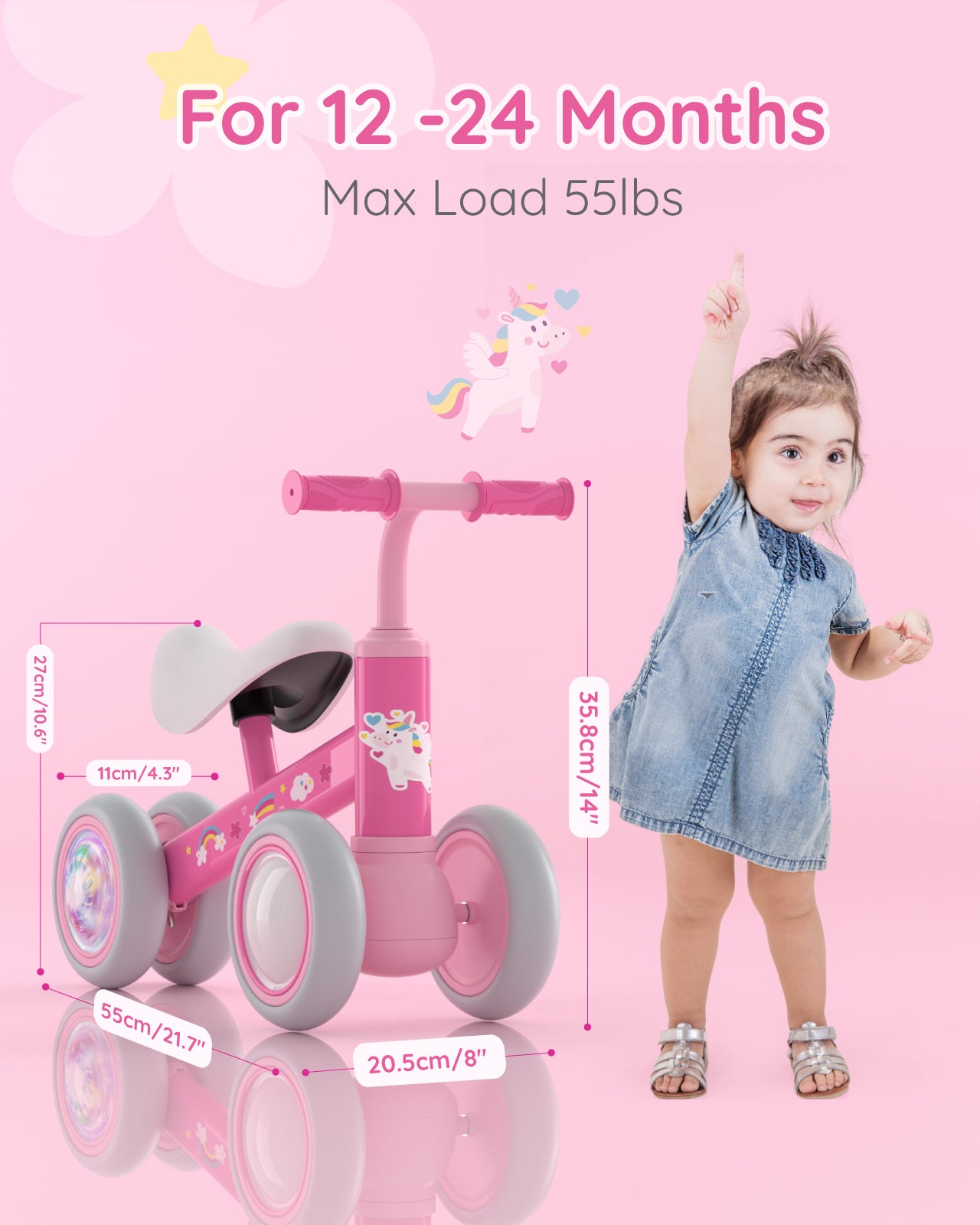Lilian&Gema Colorful Lighting Baby Balance Bike for 1 Year Old Boys Girls, 12-24 Months Toddler Balance Bike, No Pedal 4 Wheels Toddler Bike with Soft Seat, Toddler First Bike, 1st Birthday Gifts