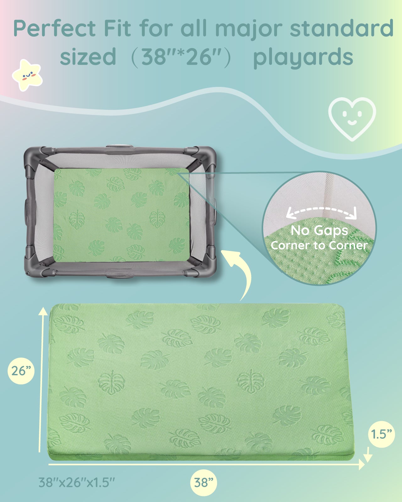 Lilian&Gema Pack and Play Mattress 38"x26"x1.5", Portable Crib Mattress for Playpen, Pack N Play Mattress Topper, Soft Breathable Memory Foam with Waterproof Washable Cover for Baby Toddler
