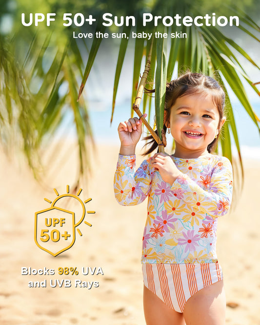 Lilian & Gema 4-Piece Baby Toddler Girl Swimsuit Set - Tankini & Rash Guard Girls Bathing Suit with UPF 50+ Sun Protection, Flower, 4T