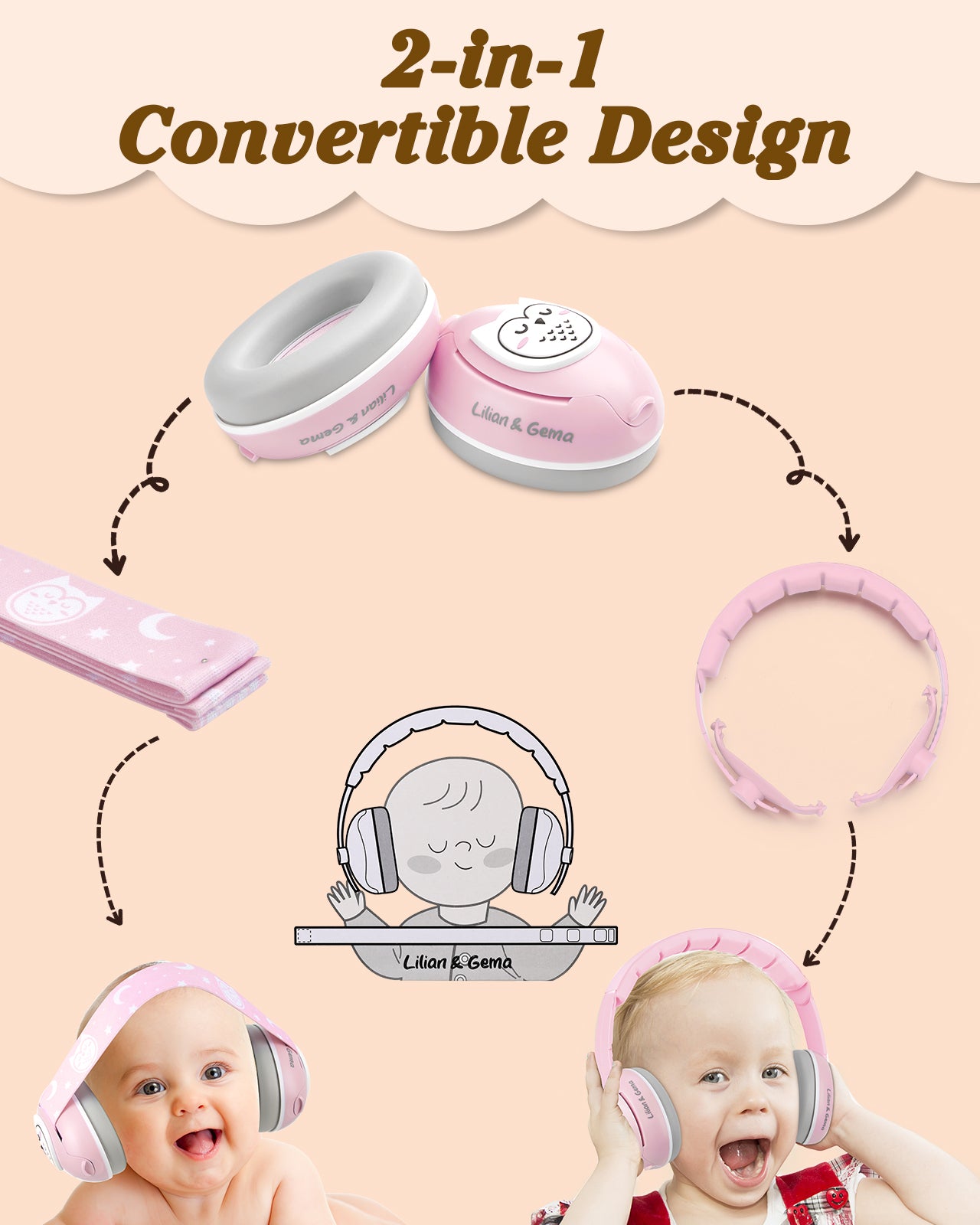 Lilian&Gema 2-in-1 Baby Ear Muffs Noise Protection, Adjustable Baby Headphones with Band, Owls Noise Cancelling Headphones for Baby & Toddler up to 4 Years, Baby Airplane Essentials/Outdoor, Pink
