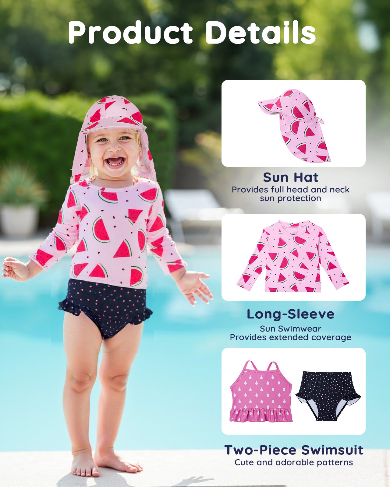 Lilian & Gema 4-Piece Baby Toddler Girl Swimsuit Set - Tankini & Rash Guard Girls Bathing Suit with UPF 50+ Sun Protection, Watermelon, 2T
