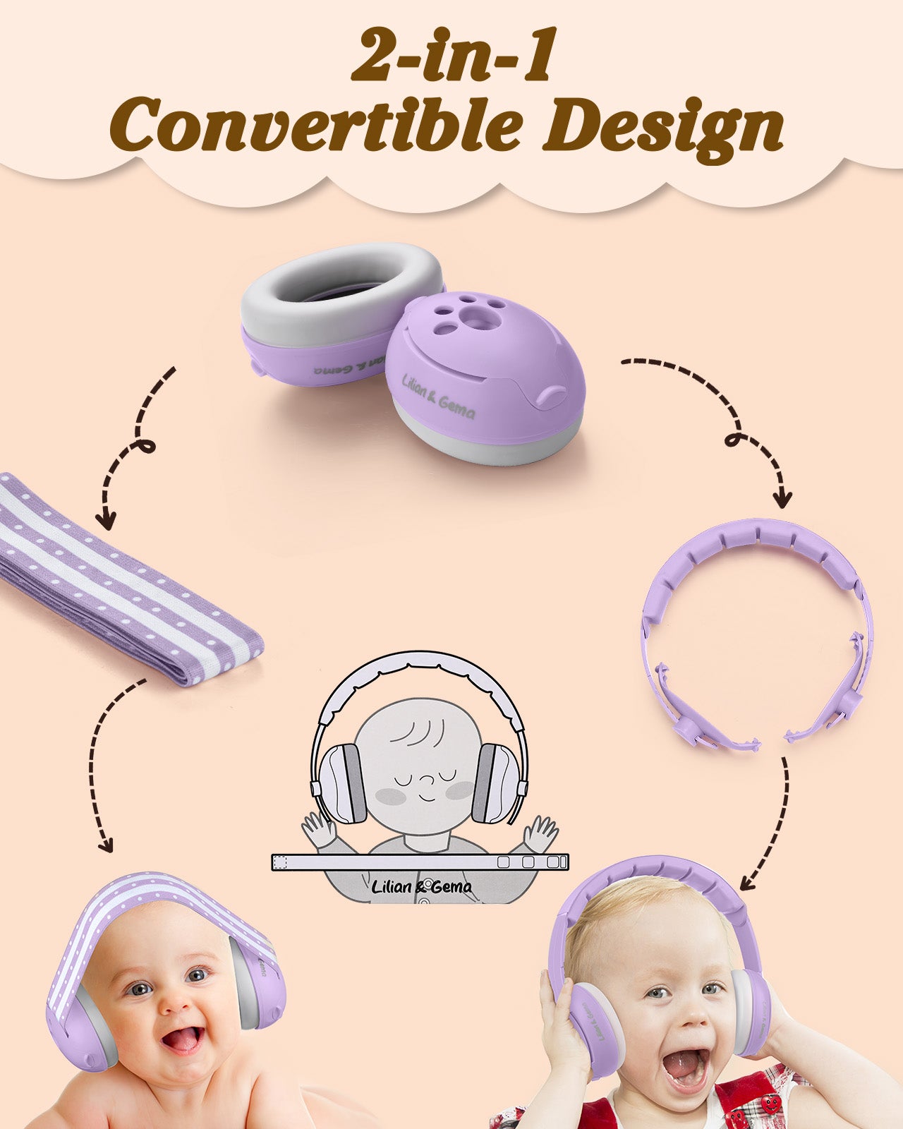 Lilian&Gema 2-in-1 Baby Ear Muffs Noise Protection, Adjustable Baby Headphones with Stretchy Band, Noise Cancelling Headphones for Baby & Toddler up to 4 Years, Baby Airplane Essentials, Purple