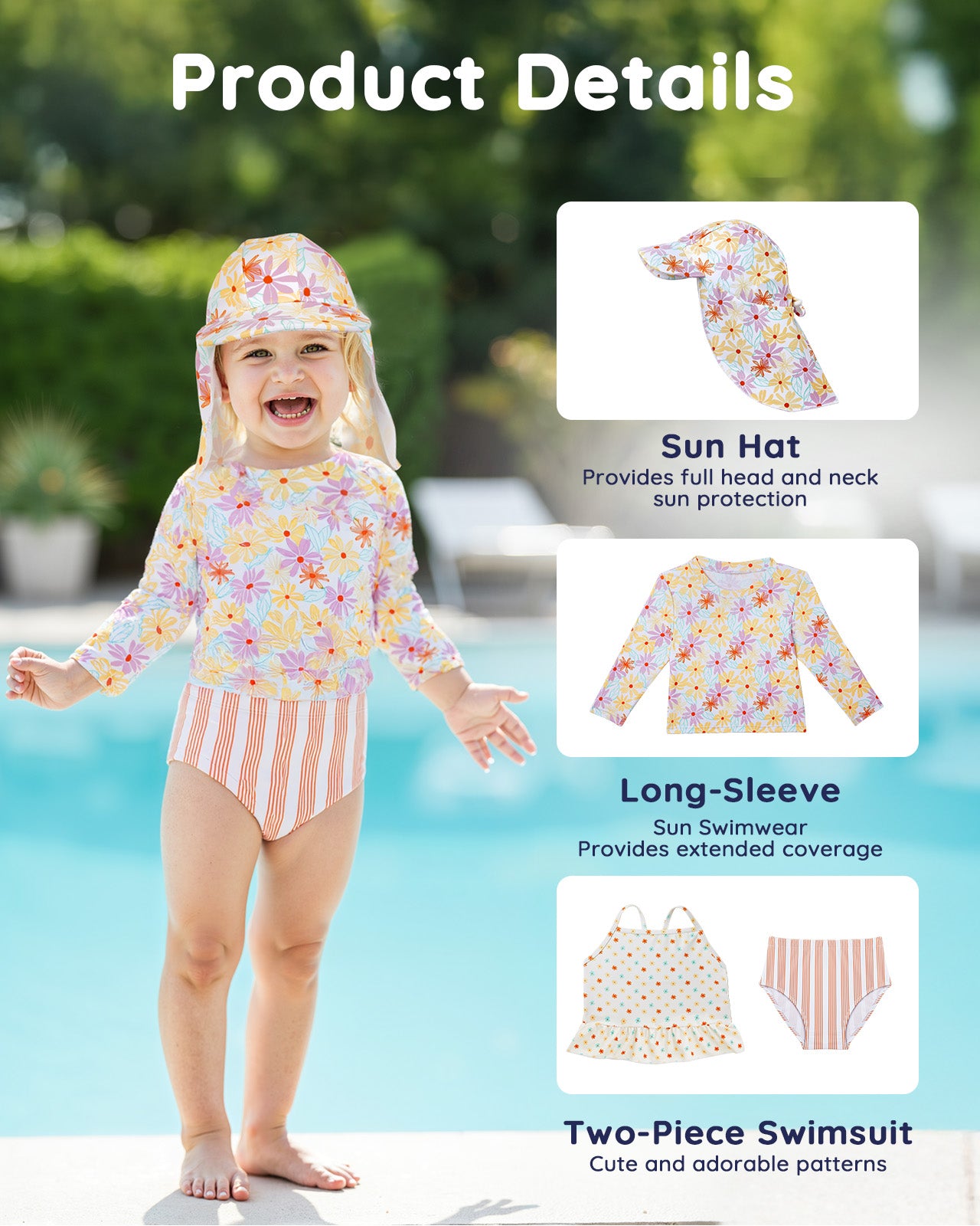 Lilian & Gema 4-Piece Baby Toddler Girl Swimsuit Set - Tankini & Rash Guard Girls Bathing Suit with UPF 50+ Sun Protection, Flower, 4T