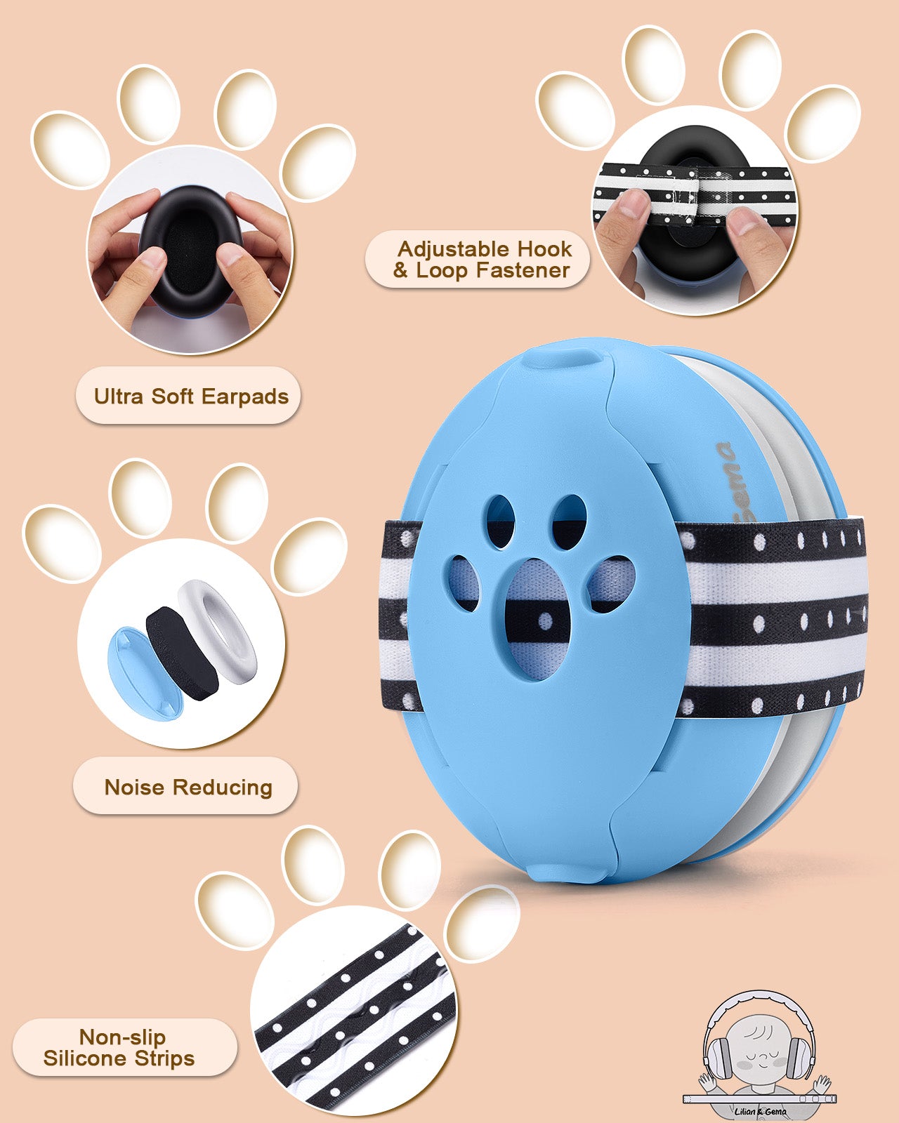 Lilian&Gema 2-in-1 Baby Ear Muffs Noise Protection, Adjustable Baby Headphones with Stretchy Band, Noise Cancelling Headphones for Baby & Toddler up to 4 Years, Baby Airplane Essentials/Outdoor, Black