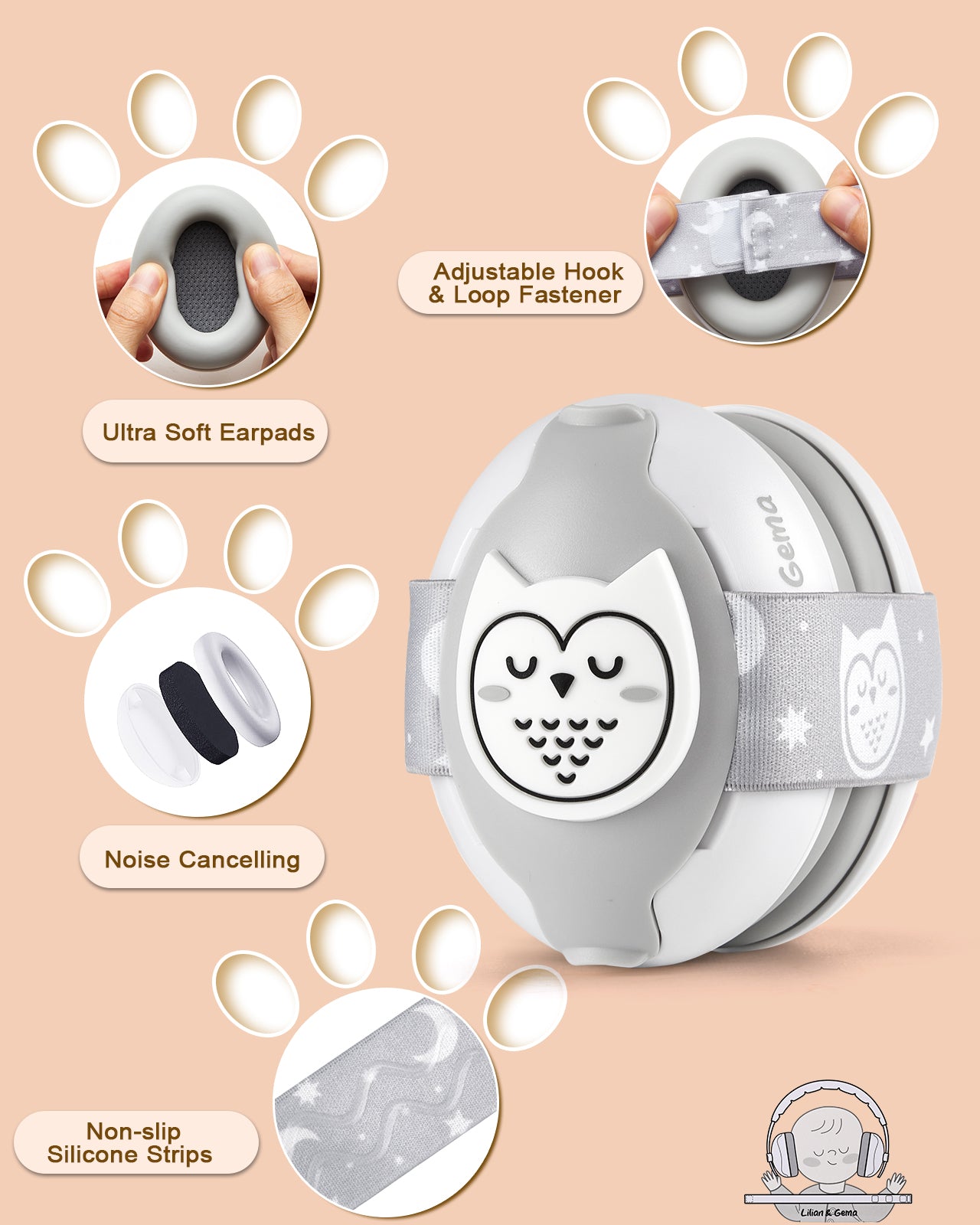 Lilian&Gema 2-in-1 Baby Ear Muffs Noise Protection, Adjustable Baby Headphones with Band, Owls Noise Cancelling Headphones for Baby & Toddler up to 4 Years, Baby Airplane Essentials/Outdoor, White