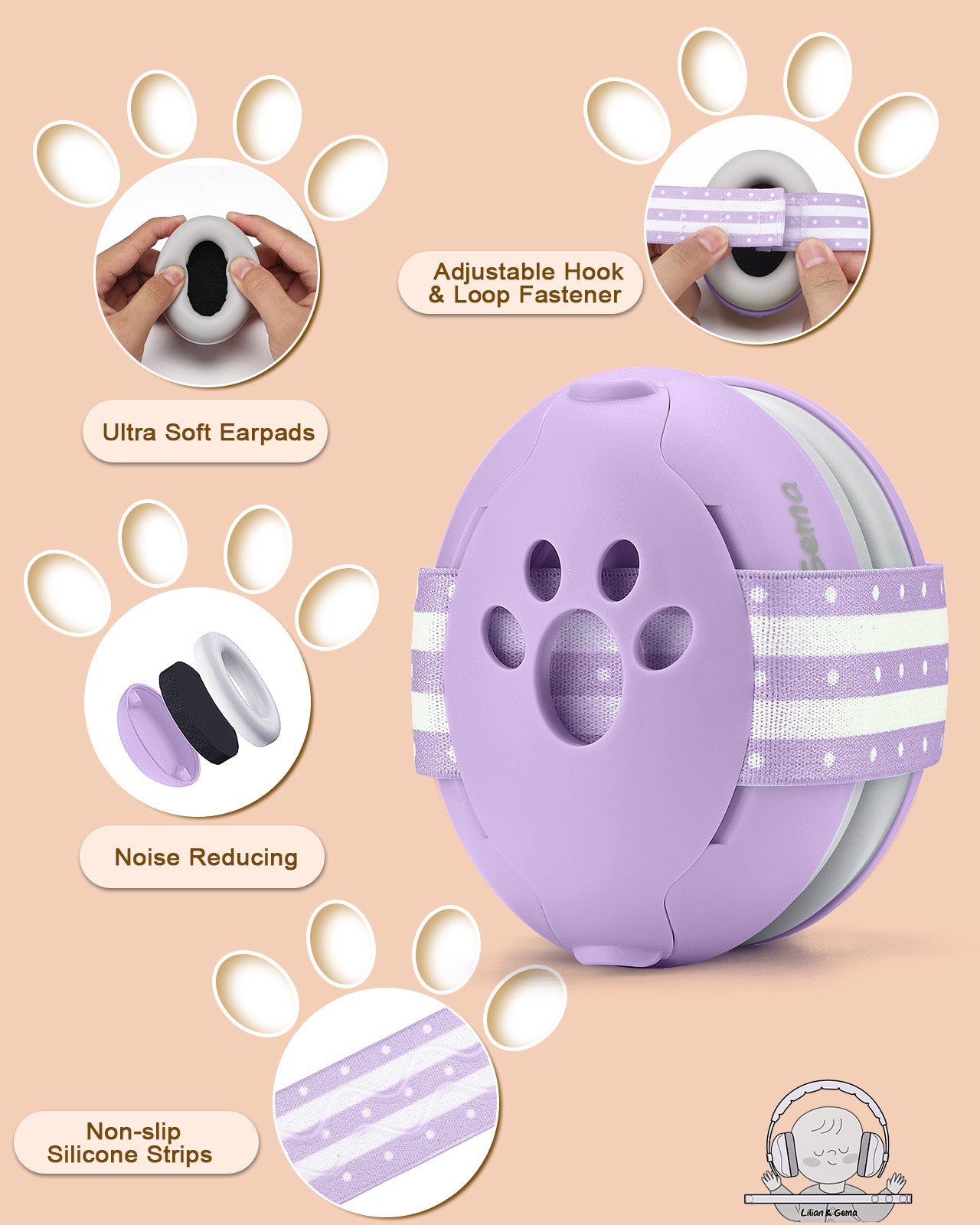 Lilian&Gema 2-in-1 Baby Ear Muffs Noise Protection, Adjustable Baby Headphones with Stretchy Band, Noise Cancelling Headphones for Baby & Toddler up to 4 Years, Baby Airplane Essentials, Purple