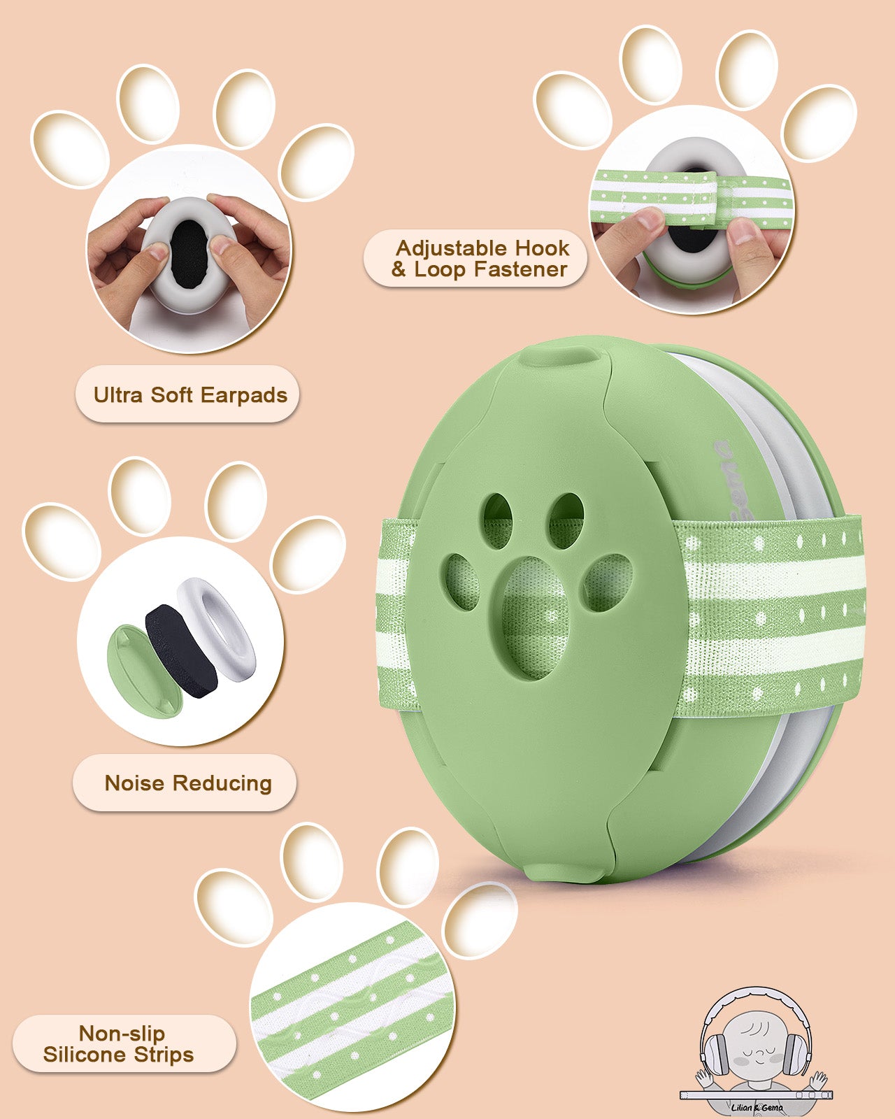 Lilian&Gema 2-in-1 Baby Ear Muffs Noise Protection, Adjustable Baby Headphones with Stretchy Band, Noise Cancelling Headphones for Baby & Toddler up to 4 Years, Baby Airplane Essentials/Outdoor, Green