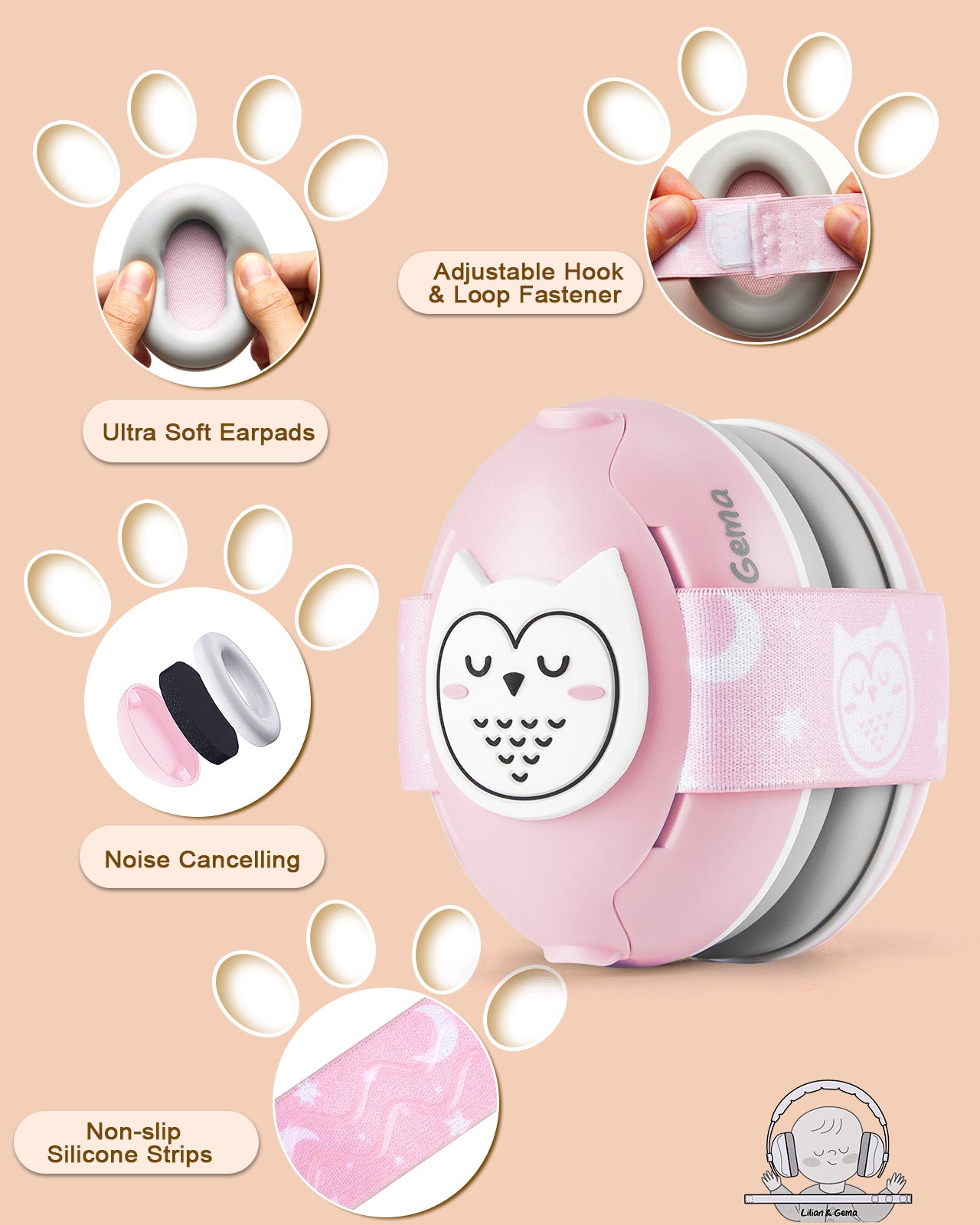 Lilian&Gema 2-in-1 Baby Ear Muffs Noise Protection, Adjustable Baby Headphones with Band, Owls Noise Cancelling Headphones for Baby & Toddler up to 4 Years, Baby Airplane Essentials/Outdoor, Pink