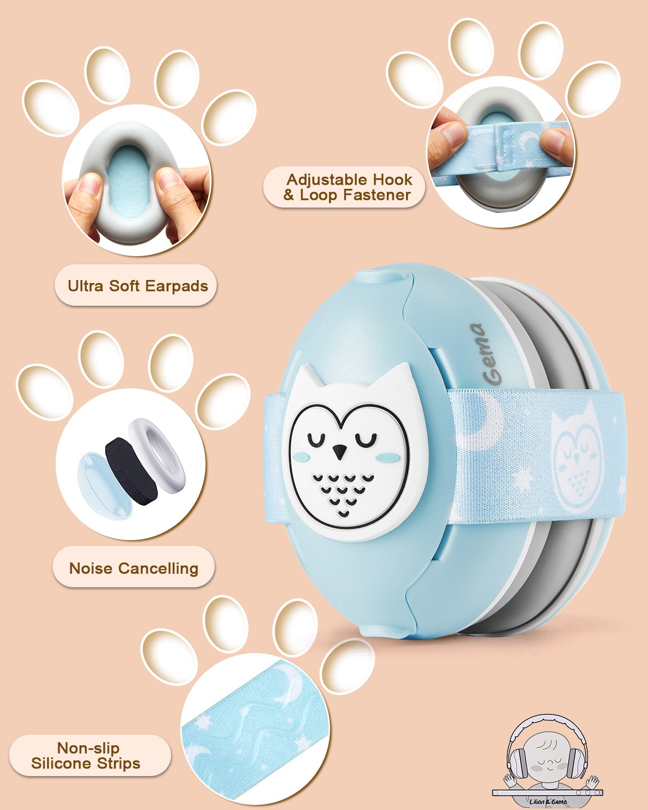 Lilian&Gema 2-in-1 Baby Ear Muffs Noise Protection, Adjustable Baby Headphones with Band, Owls Noise Cancelling Headphones for Baby & Toddler up to 4 Years, Baby Airplane Essentials/Outdoor, Blue