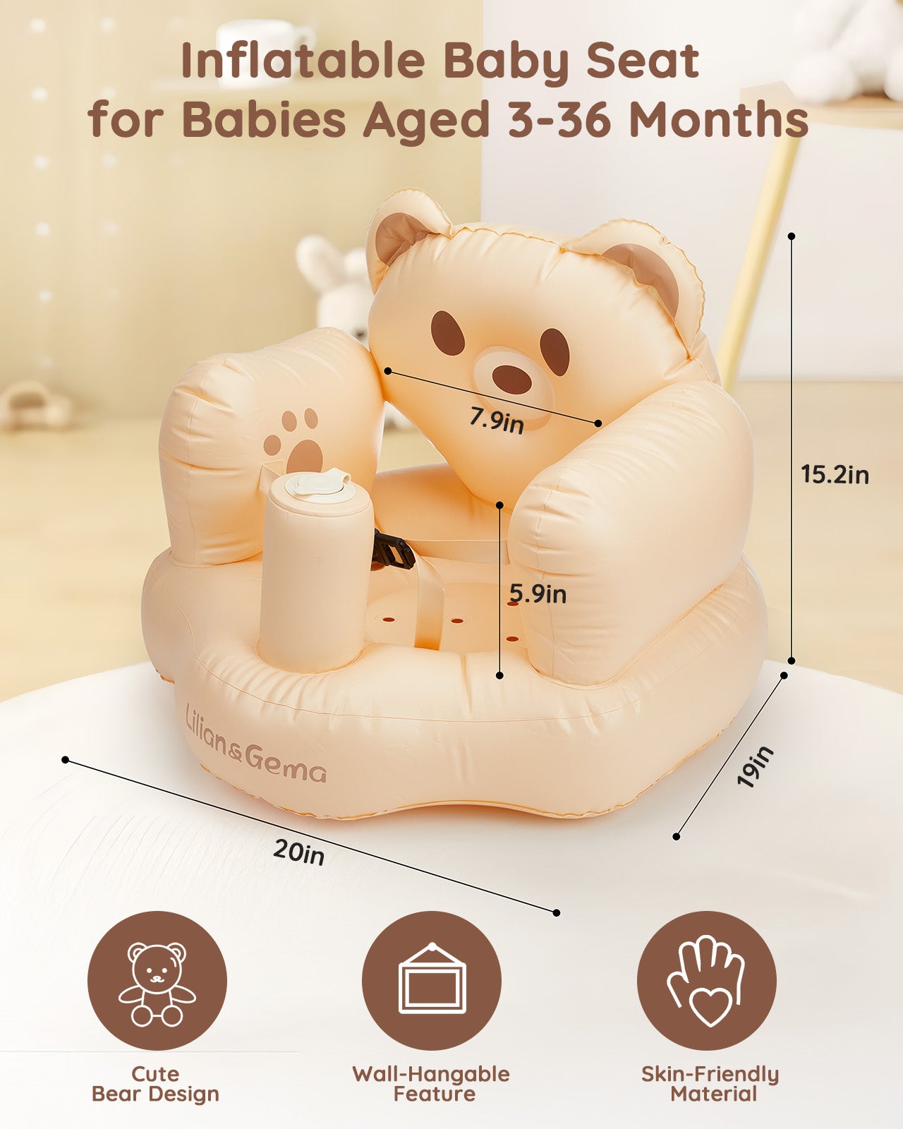Inflatable Baby Seat for Babies 3-36 Months, Lilian&Gema Baby Chair sit me up, Built-in Pump Quick Inflate, Soft Support, Easy Upright Baby Seats for Infants for Sitting Up