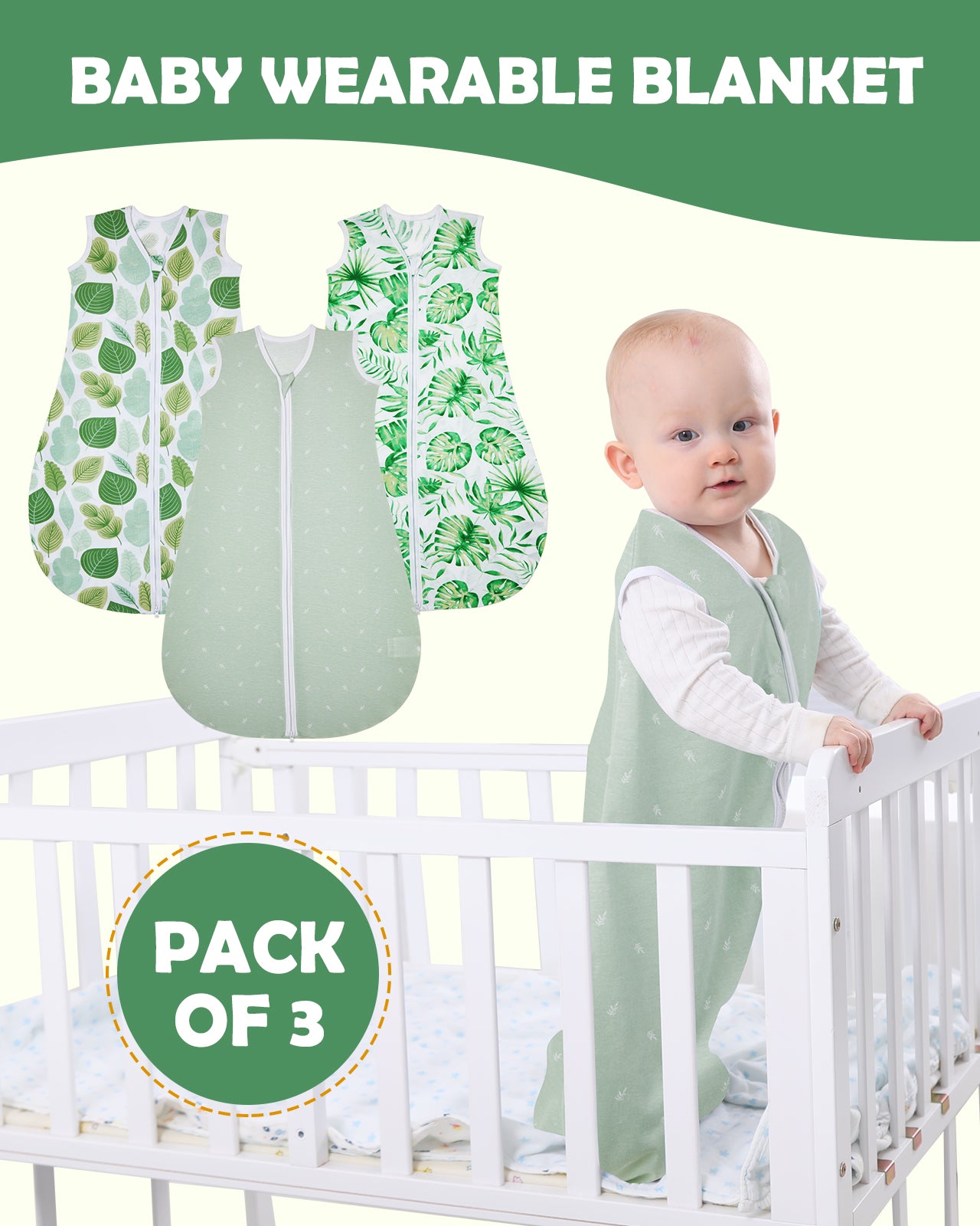 Lilian&Gema 3 Pack Baby Sleeping Bag 0.5 TOG, Unisex Summer Baby Sleep Sacks, Sleeveless Swaddle Wearable Blanket with 2-Way Zipper for Baby Infant Toddler,L,Green