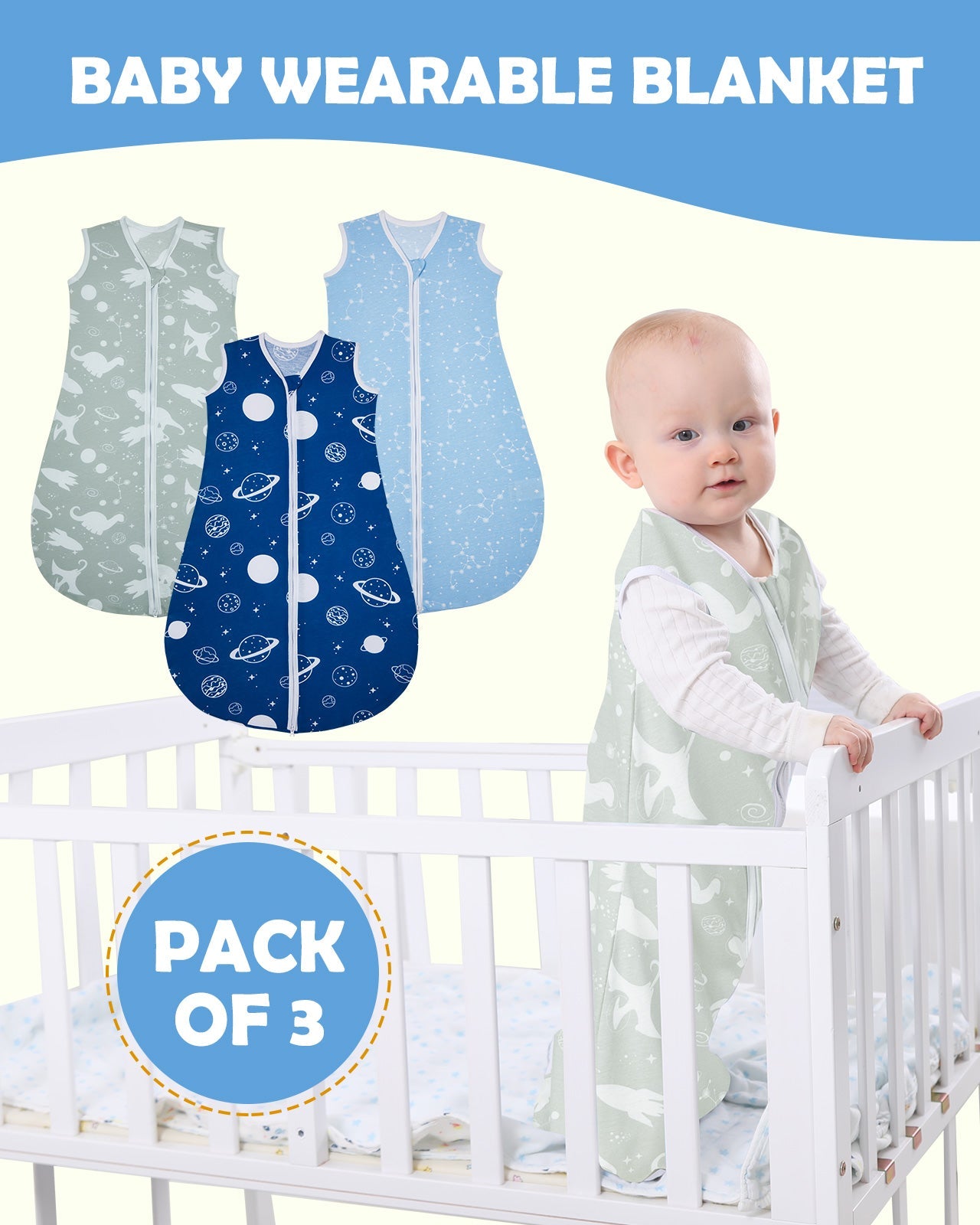 Lilian&Gema 3 Pack Baby Sleeping Bag 0.5 TOG, Unisex Summer Baby Sleep Sacks, Sleeveless Swaddle Wearable Blanket with 2-Way Zipper for Baby Infant Toddler,L,Blue