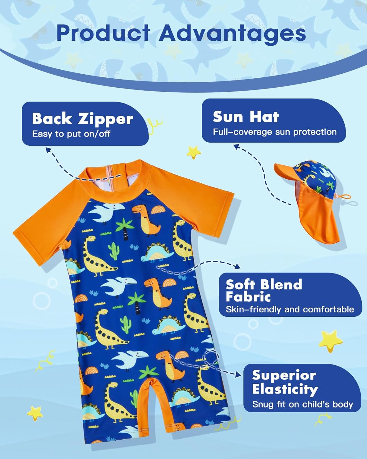Lilian&Gema Toddler Boy Swimsuit UPF 50+ Protection One Piece Zipper Bathing Suit Baby Swimsuit with Adjustable Sun Hat