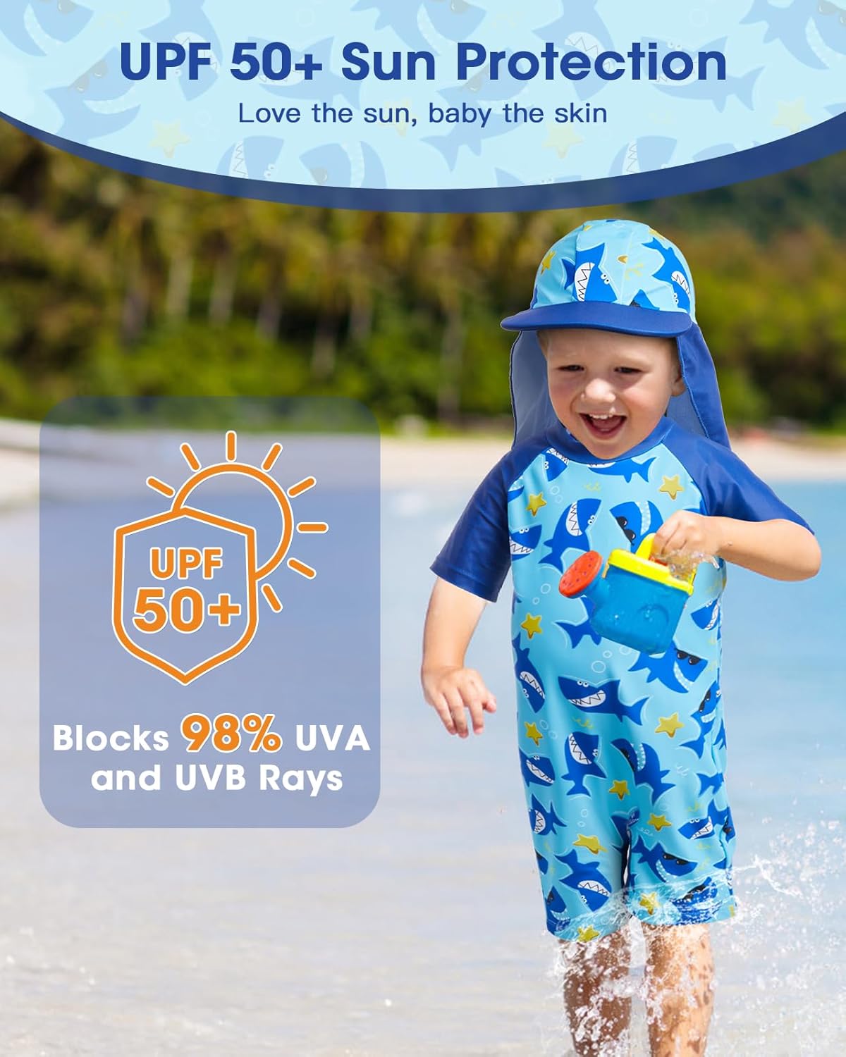 Lilian&Gema Toddler Boy Swimsuit UPF 50+ Protection One Piece Zipper Bathing Suit Baby Swimsuit with Adjustable Sun Hat