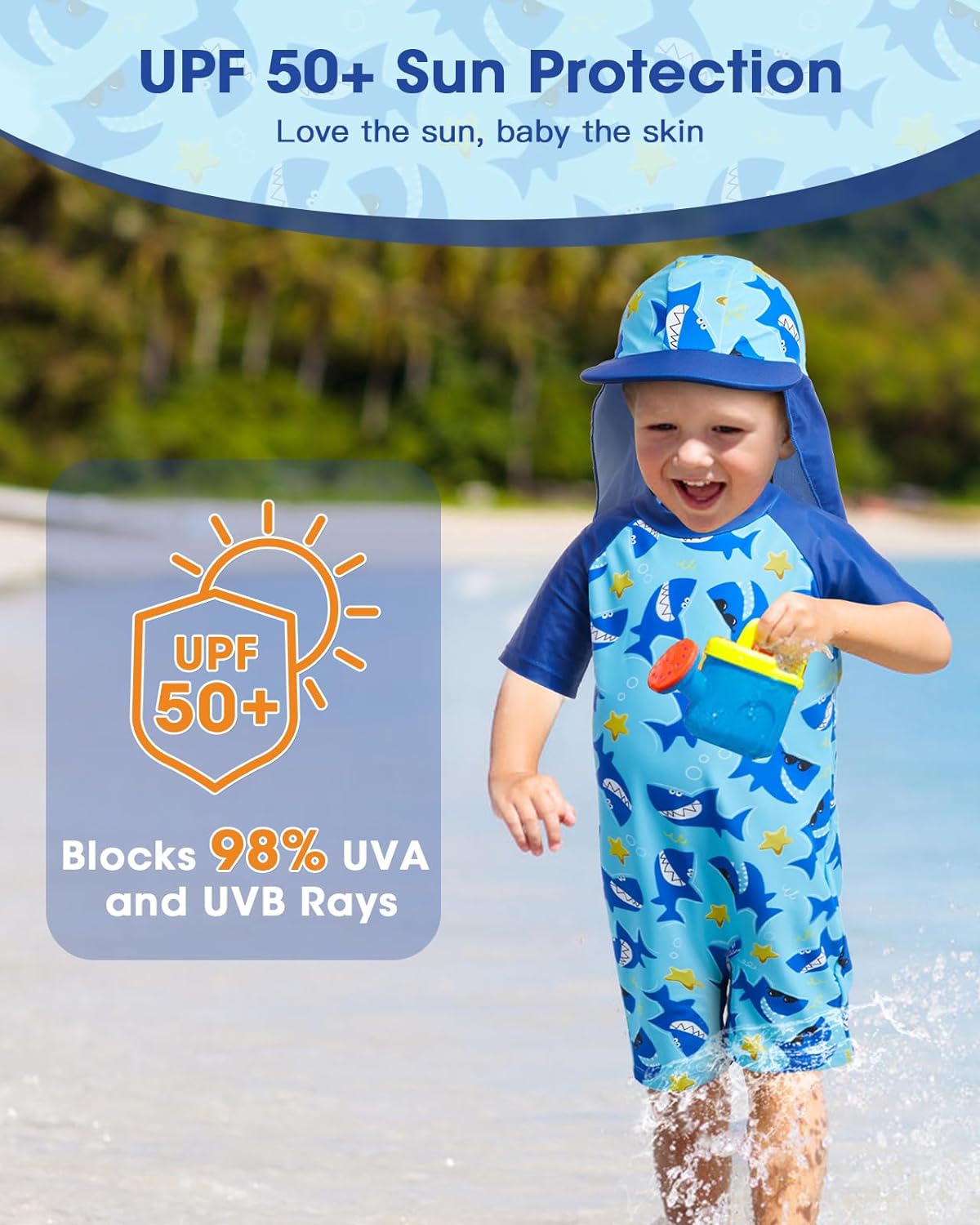 Lilian&Gema Toddler Boy Swimsuit UPF 50+ Protection One Piece Zipper Bathing Suit Baby Swimsuit with Adjustable Sun Hat