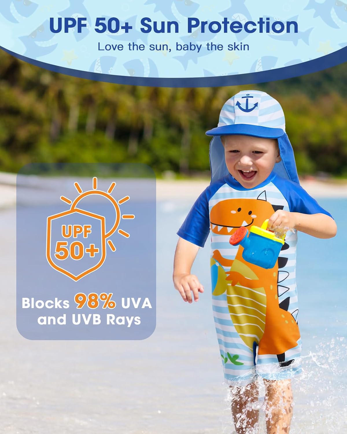 Lilian&Gema Toddler Boy Swimsuit UPF 50+ Protection One Piece Zipper Bathing Suit Baby Swimsuit with Adjustable Sun Hat