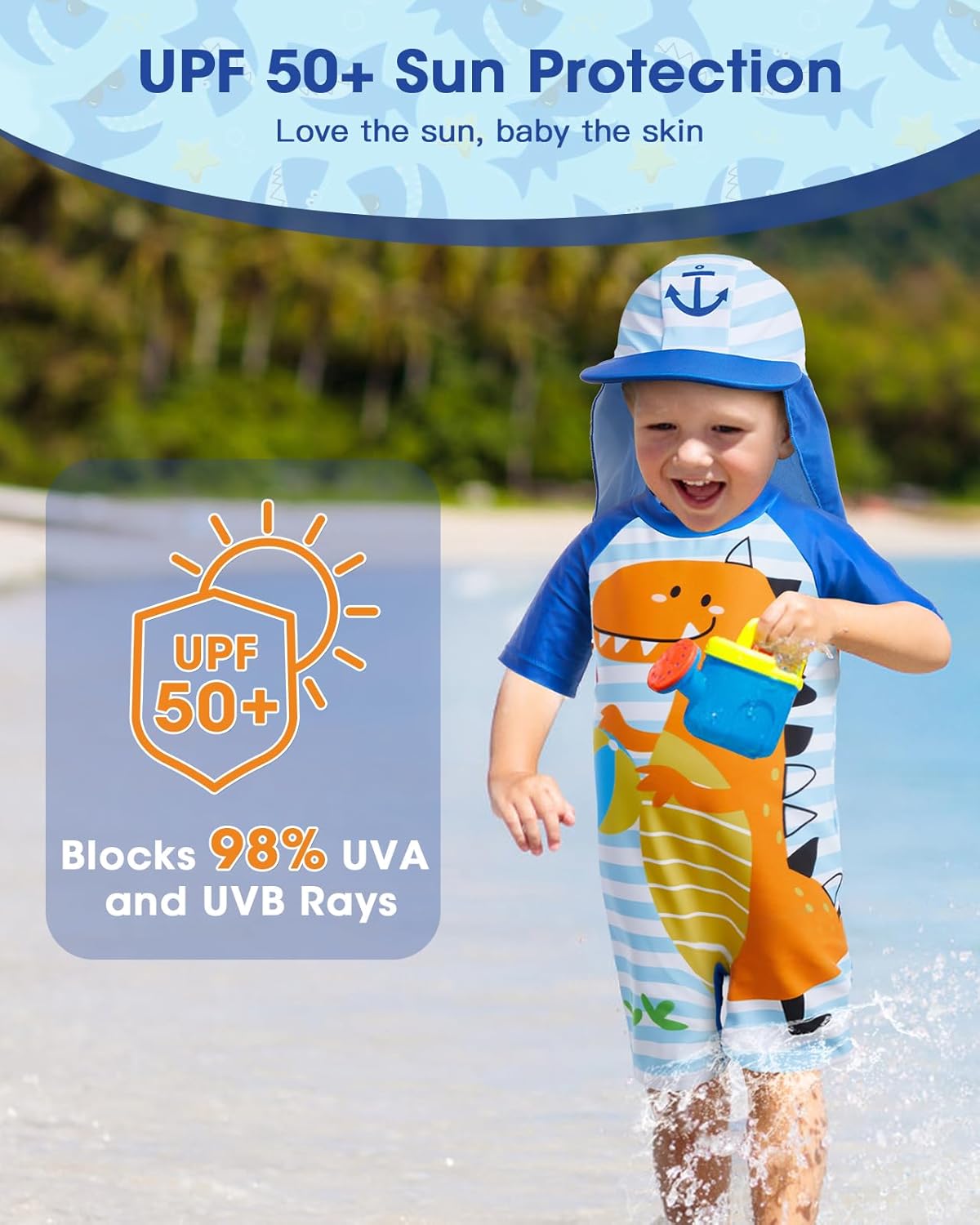 Lilian&Gema Toddler Boy Swimsuit UPF 50+ Protection One Piece Zipper Bathing Suit Baby Swimsuit with Adjustable Sun Hat
