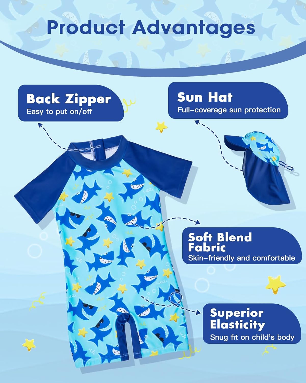 Lilian&Gema Toddler Boy Swimsuit UPF 50+ Protection One Piece Zipper Bathing Suit Baby Swimsuit with Adjustable Sun Hat