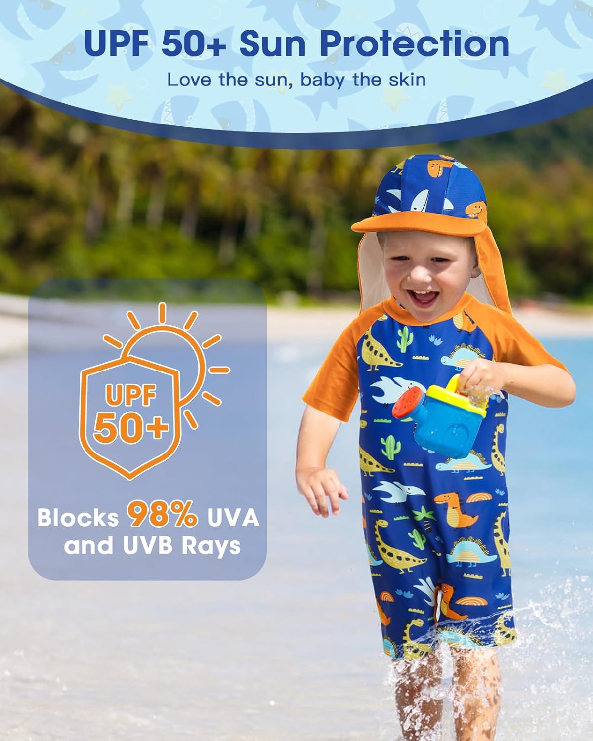 Lilian&Gema Toddler Boy Swimsuit UPF 50+ Protection One Piece Zipper Bathing Suit Baby Swimsuit with Adjustable Sun Hat