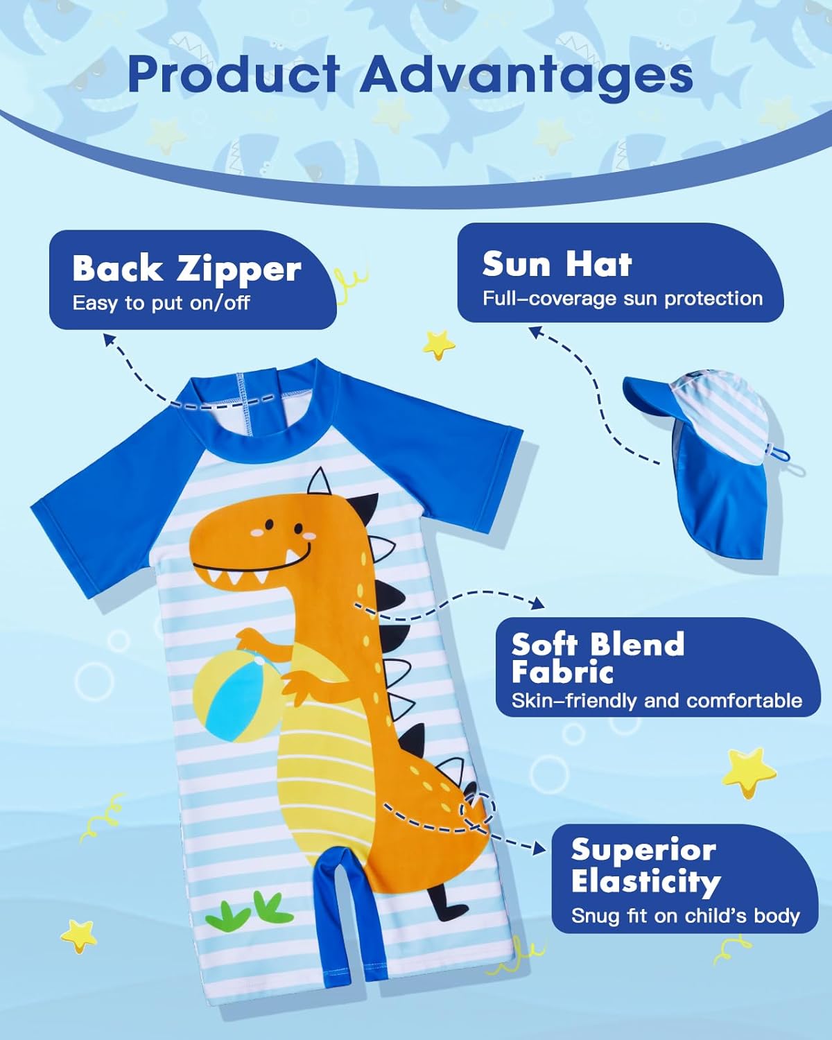 Lilian&Gema Toddler Boy Swimsuit UPF 50+ Protection One Piece Zipper Bathing Suit Baby Swimsuit with Adjustable Sun Hat