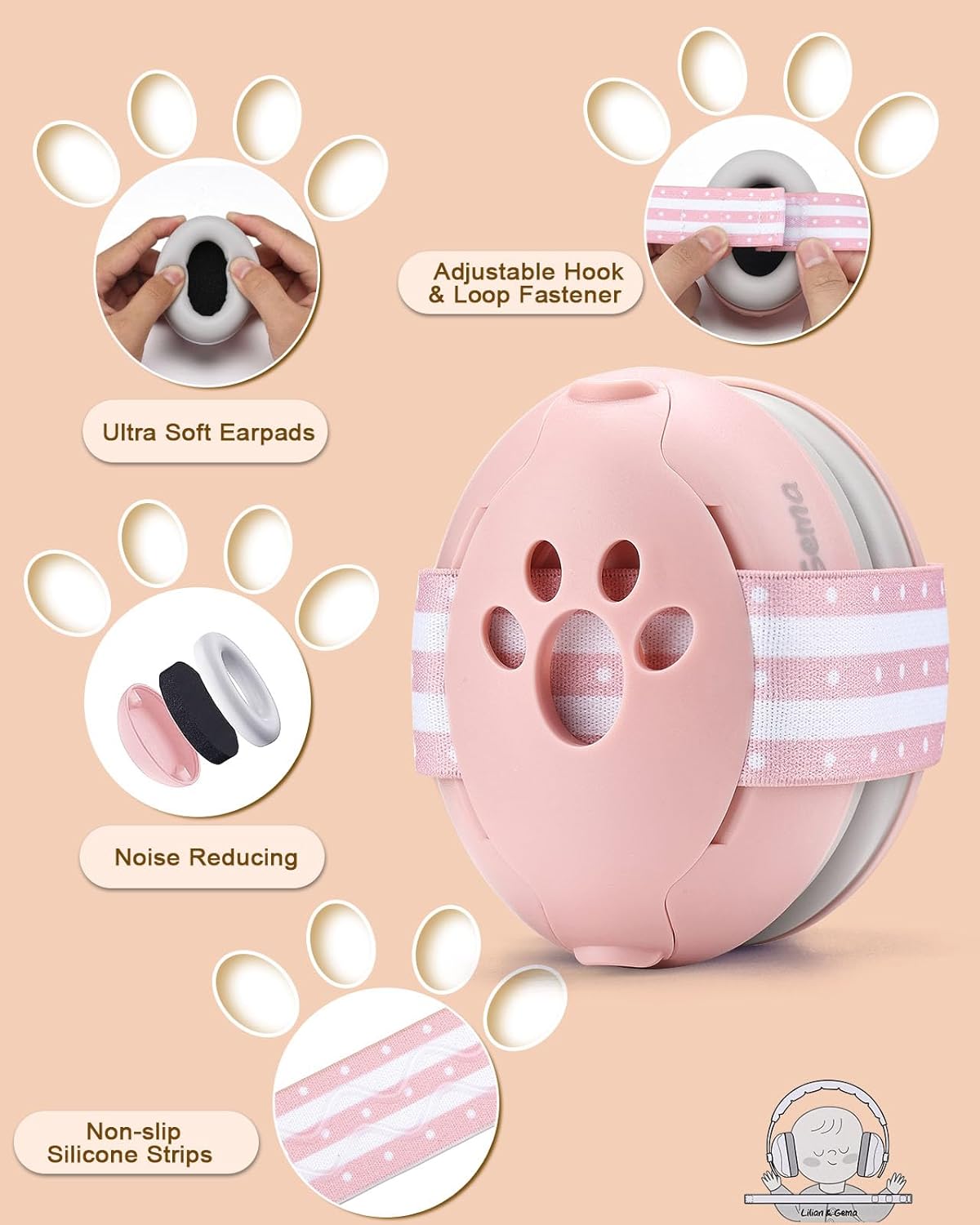 Lilian&Gema 2-in-1 Baby Ear Muffs Noise Protection, Adjustable Baby Headphones with Stretchy Band for Baby & Toddler