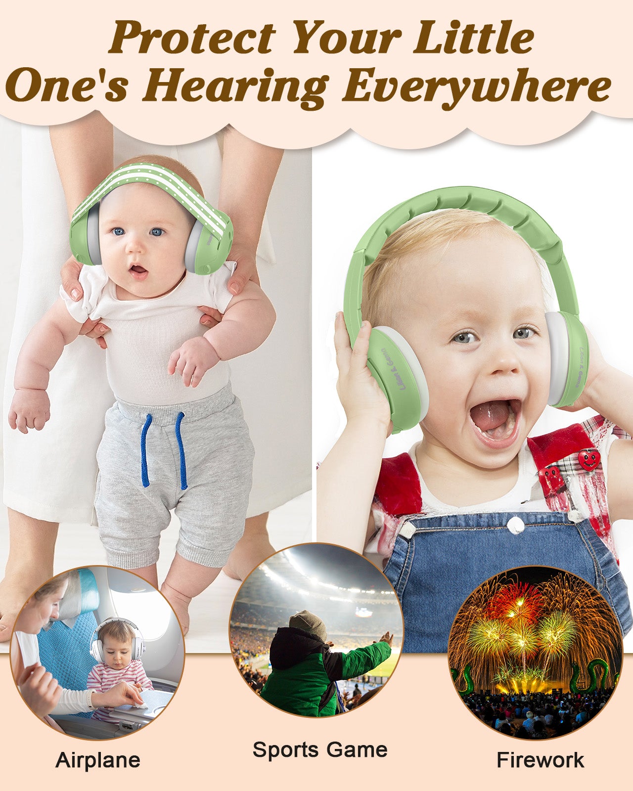 Lilian&Gema 2-in-1 Baby Ear Muffs Noise Protection, Adjustable Baby Headphones with Stretchy Band, Noise Cancelling Headphones for Baby & Toddler up to 4 Years, Baby Airplane Essentials/Outdoor, Green