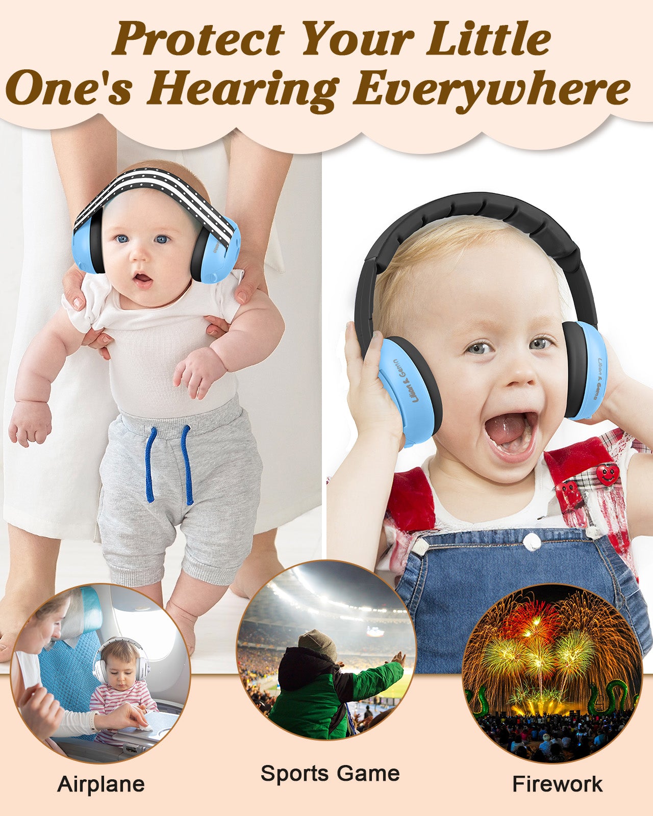 Lilian&Gema 2-in-1 Baby Ear Muffs Noise Protection, Adjustable Baby Headphones with Stretchy Band, Noise Cancelling Headphones for Baby & Toddler up to 4 Years, Baby Airplane Essentials/Outdoor, Black