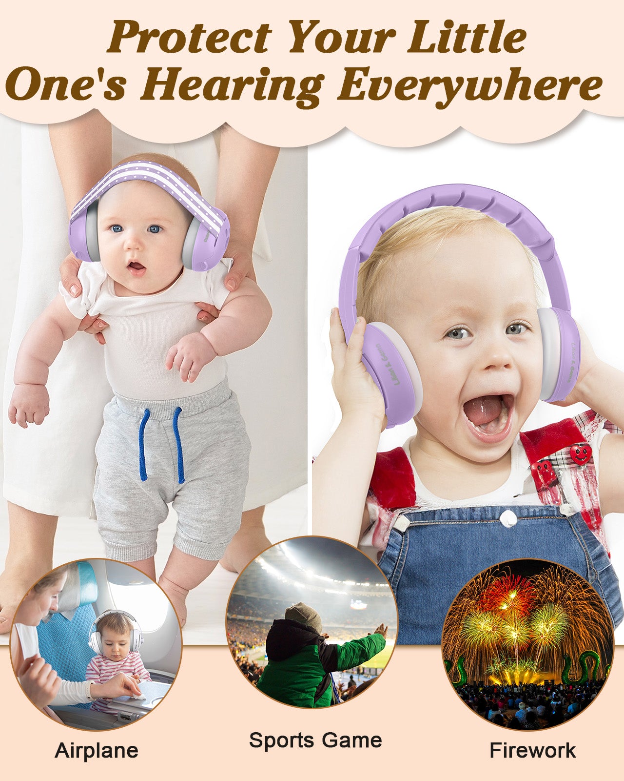 Lilian&Gema 2-in-1 Baby Ear Muffs Noise Protection, Adjustable Baby Headphones with Stretchy Band, Noise Cancelling Headphones for Baby & Toddler up to 4 Years, Baby Airplane Essentials, Purple