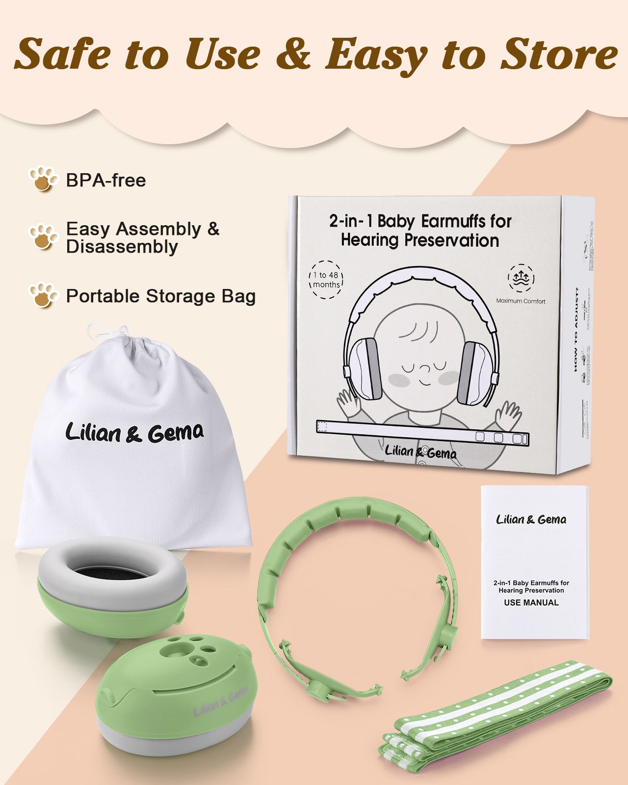 Lilian&Gema 2-in-1 Baby Ear Muffs Noise Protection, Adjustable Baby Headphones with Stretchy Band, Noise Cancelling Headphones for Baby & Toddler up to 4 Years, Baby Airplane Essentials/Outdoor, Green