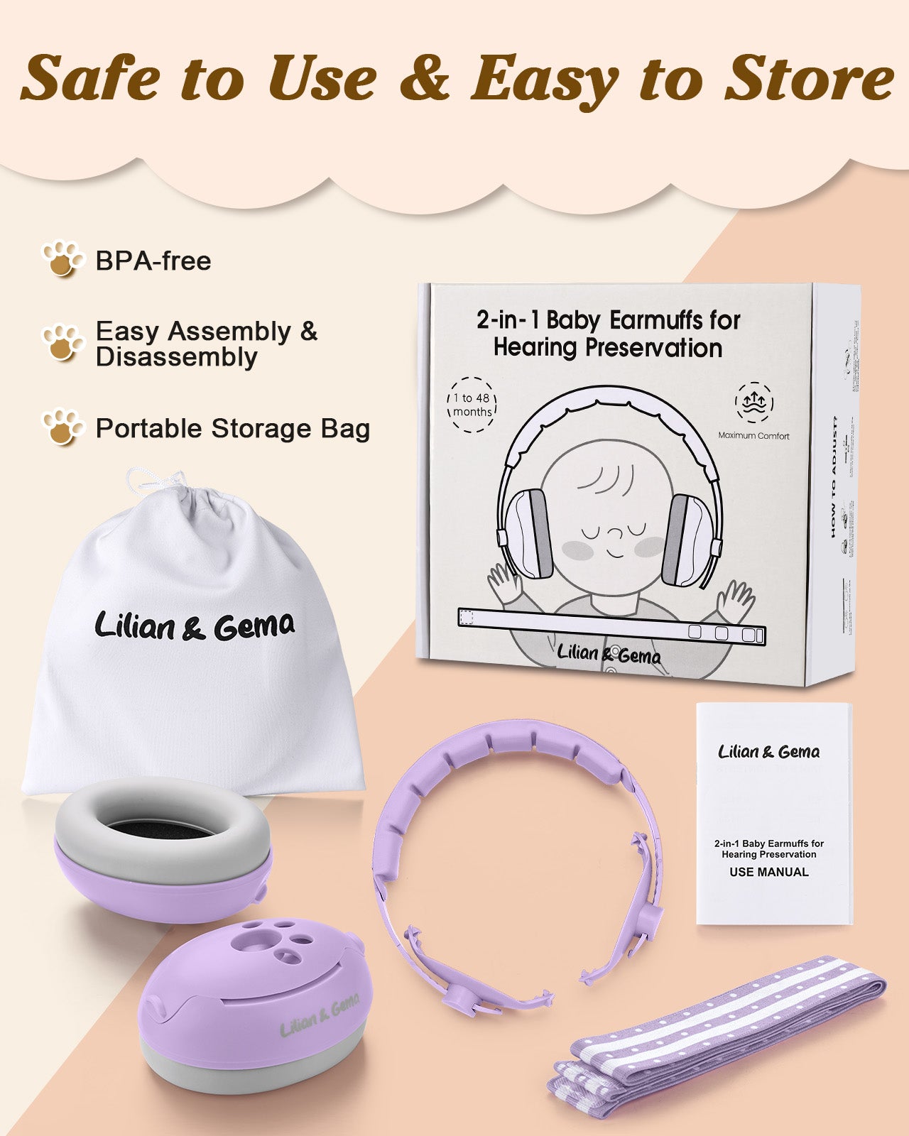 Lilian&Gema 2-in-1 Baby Ear Muffs Noise Protection, Adjustable Baby Headphones with Stretchy Band, Noise Cancelling Headphones for Baby & Toddler up to 4 Years, Baby Airplane Essentials, Purple