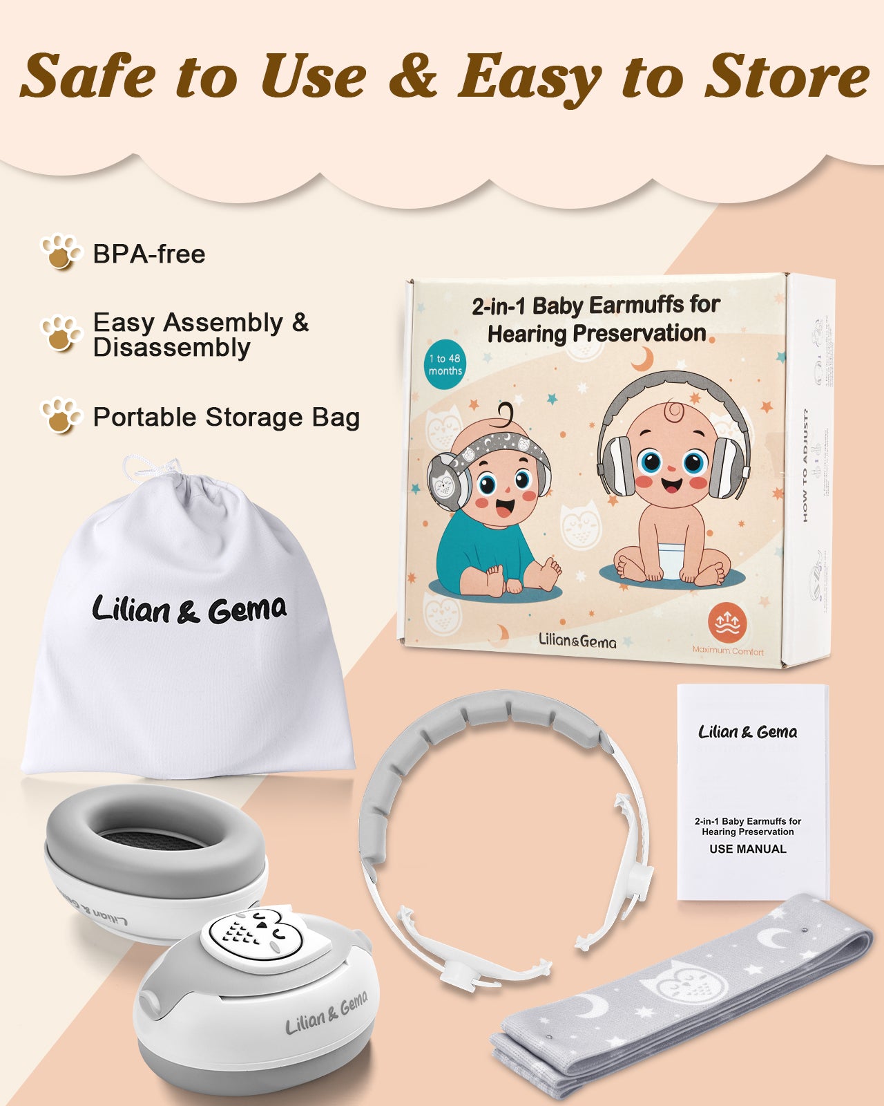 Lilian&Gema 2-in-1 Baby Ear Muffs Noise Protection, Adjustable Baby Headphones with Band, Owls Noise Cancelling Headphones for Baby & Toddler up to 4 Years, Baby Airplane Essentials/Outdoor, White