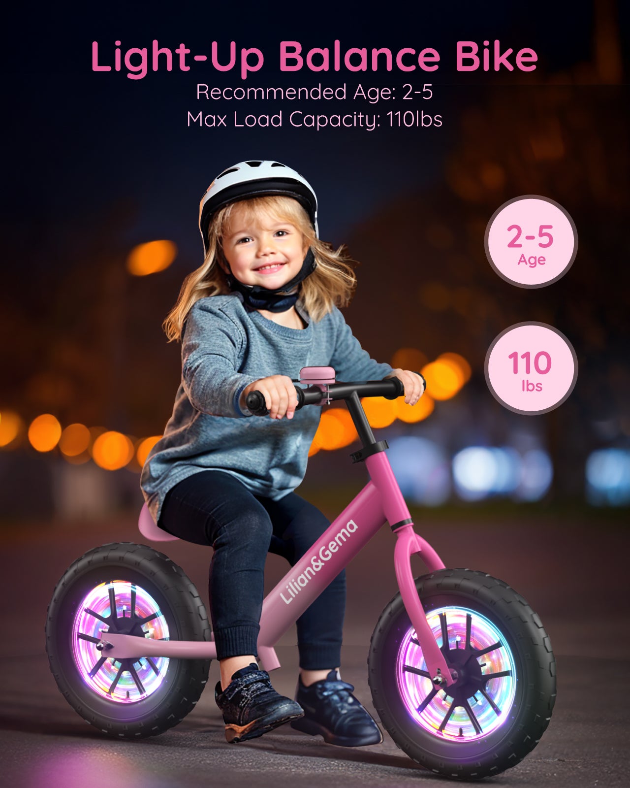 Lilian&Gema Balance Bike, Colorful Lighting Toddler Balance Bike, No Pedal Toddler Bikes with Adjustable Handlebar & Seat, 12-Inch Wheel, Suitable for Boys and Girls Ages 2 3 4 5