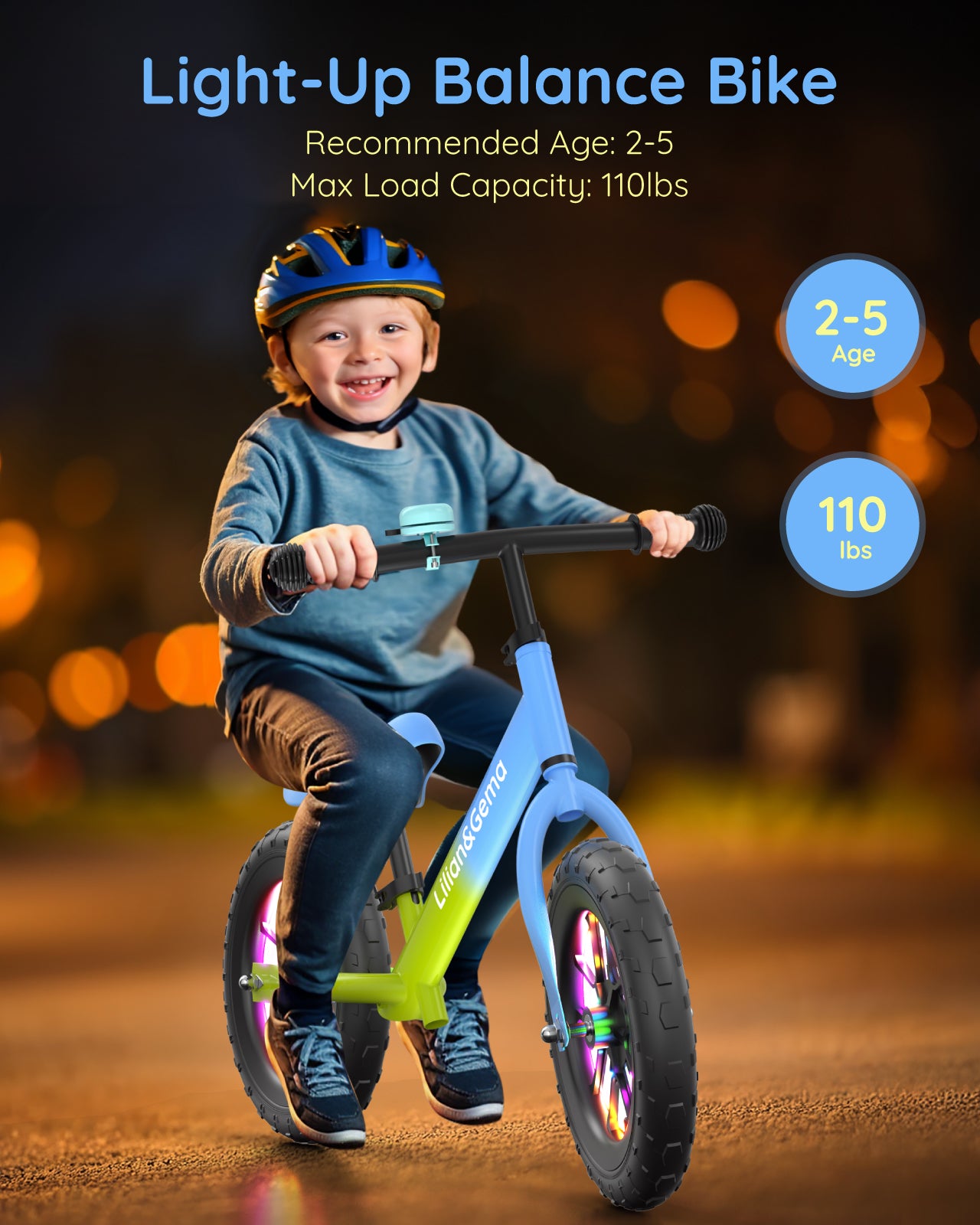 Lilian&Gema Balance Bike, Colorful Lighting Toddler Balance Bike, No Pedal Toddler Bikes with Adjustable Handlebar & Seat, 12-Inch Wheel, Suitable for Boys and Girls Ages 2 3 4 5（复制）