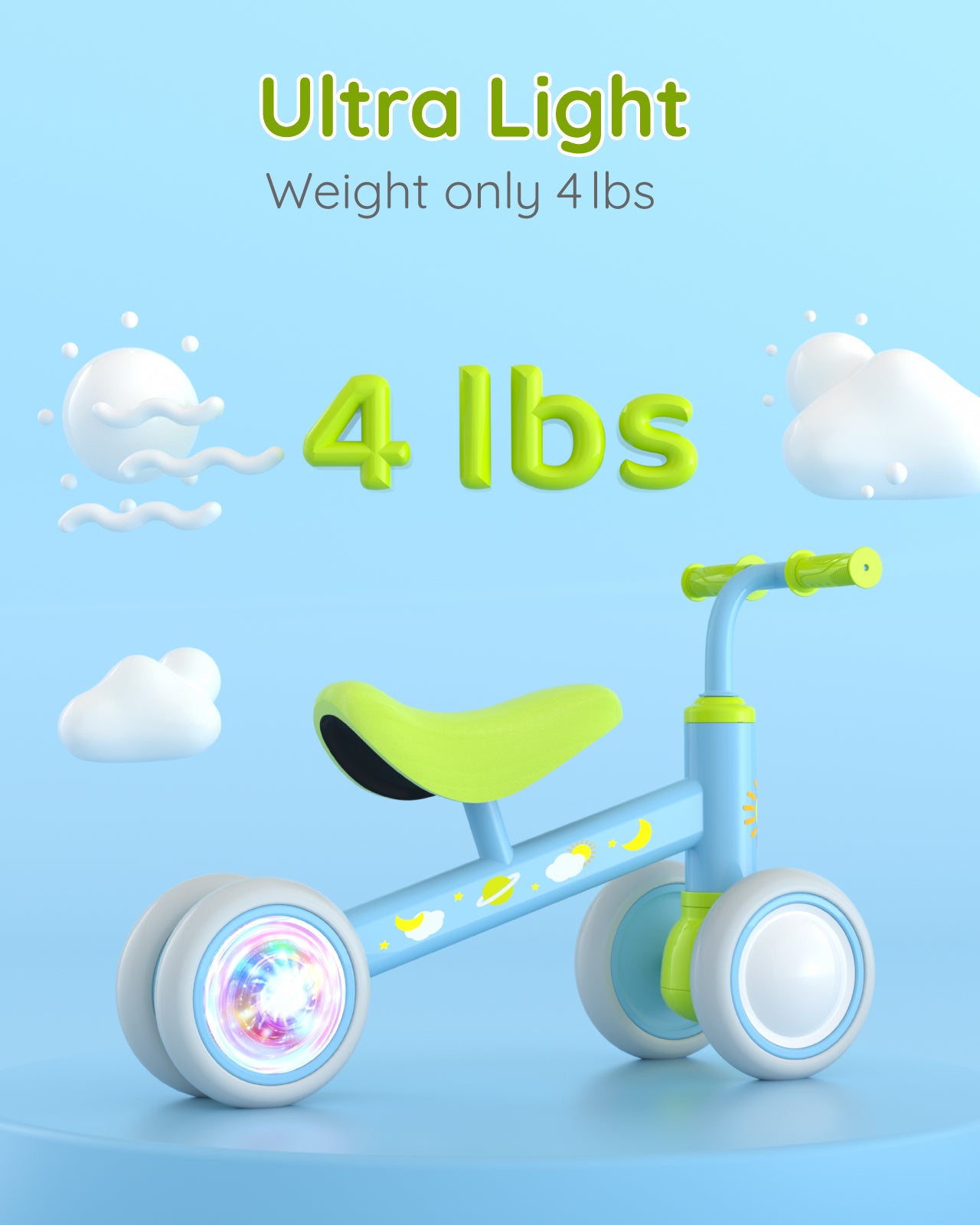 Lilian&Gema Colorful Lighting Baby Balance Bike for 1 Year Old Boys Girls, 12-24 Months Toddler Balance Bike, No Pedal 4 Wheels Toddler Bike with Soft Seat, Toddler First Bike, 1st Birthday Gifts