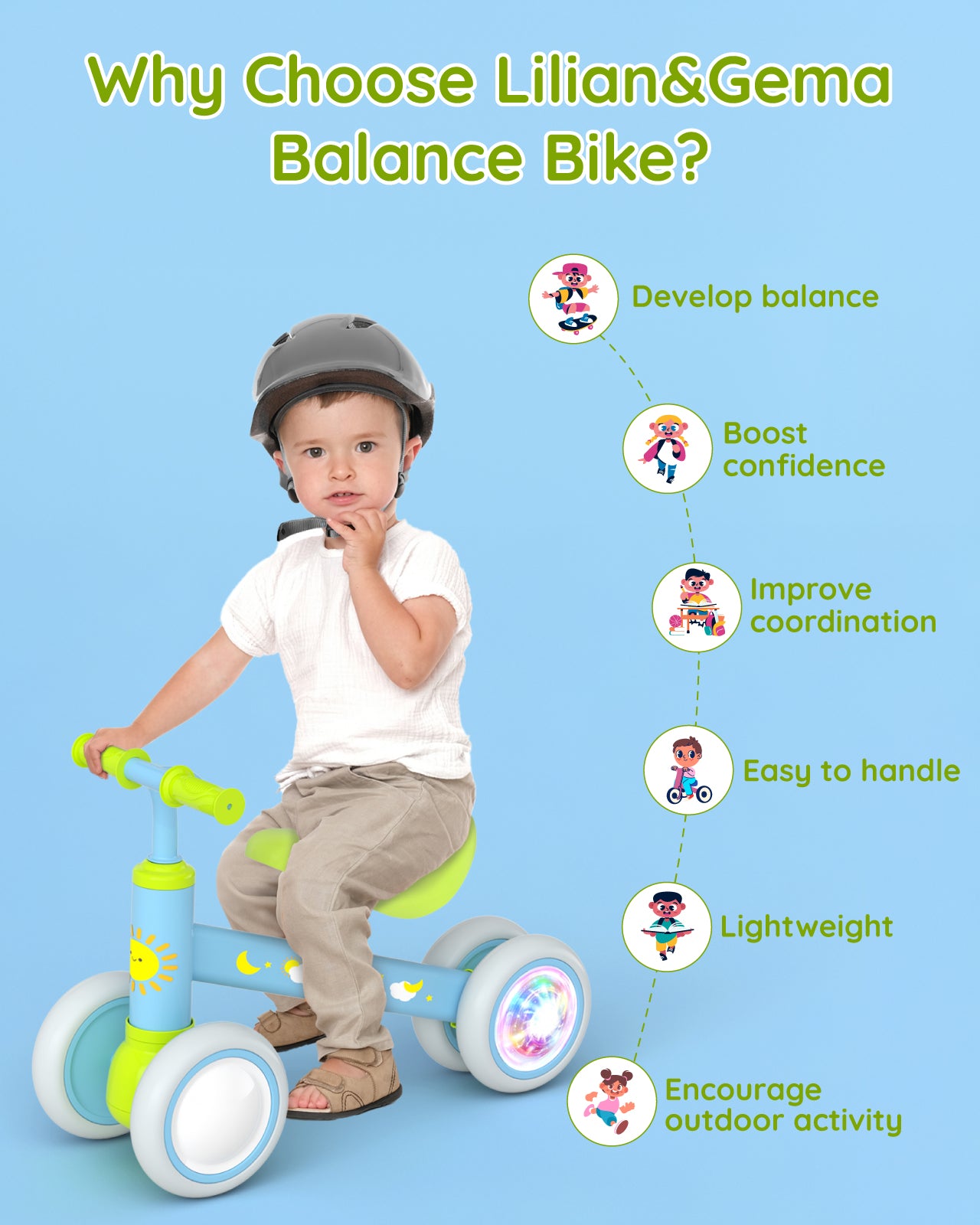 Lilian&Gema Colorful Lighting Baby Balance Bike for 1 Year Old Boys Girls, 12-24 Months Toddler Balance Bike, No Pedal 4 Wheels Toddler Bike with Soft Seat, Toddler First Bike, 1st Birthday Gifts