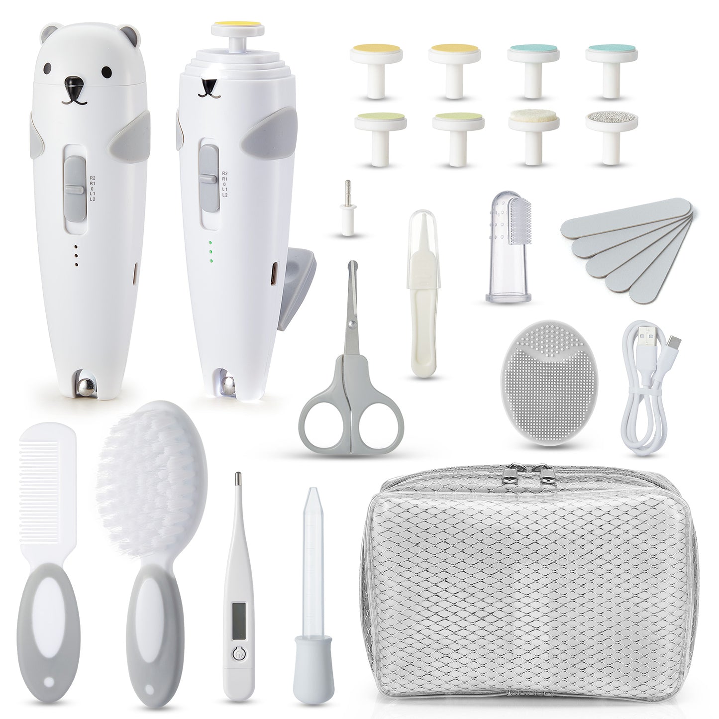 Lilian&Gema Baby Healthcare and Grooming Kit, 28-in-1 Rechargeable Nail Trimmer Electric Set, Dual Auto Light Baby Nail Care Kit, Portable Newborn Nursery Health Care Set for Infant Toddler (Grey)