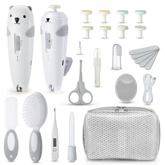 Lilian&Gema Baby Healthcare and Grooming Kit, 28-in-1 Rechargeable Nail Trimmer Electric Set, Dual Auto Light Baby Nail Care Kit, Portable Newborn Nursery Health Care Set for Infant Toddler (Grey)