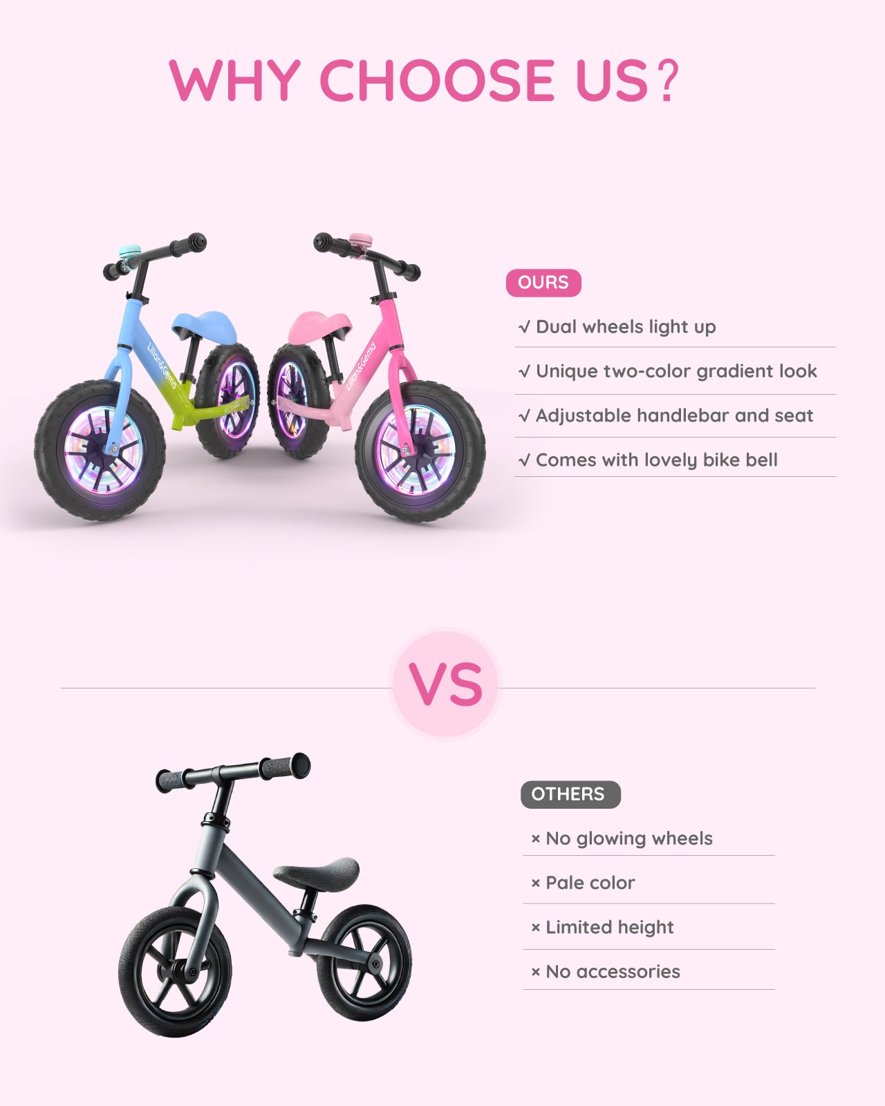 Lilian&Gema Balance Bike, Colorful Lighting Toddler Balance Bike, No Pedal Toddler Bikes with Adjustable Handlebar & Seat, 12-Inch Wheel, Suitable for Boys and Girls Ages 2 3 4 5